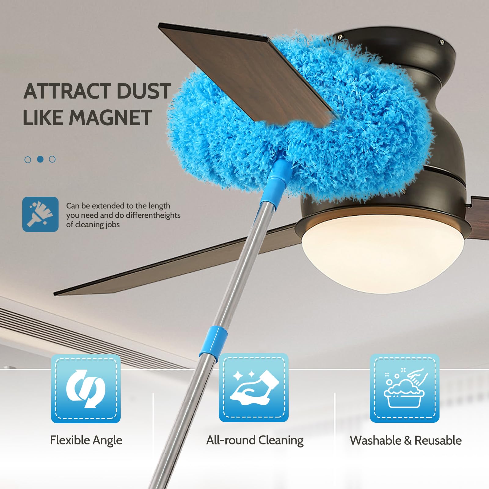 Ceiling Fan Cleaner Duster Reusable Microfiber Removable Duster with Extension Pole Adjusts 12 to 71 Inch for Cleaning Walls Bookshelves Furniture Door Window Top (2 Count)