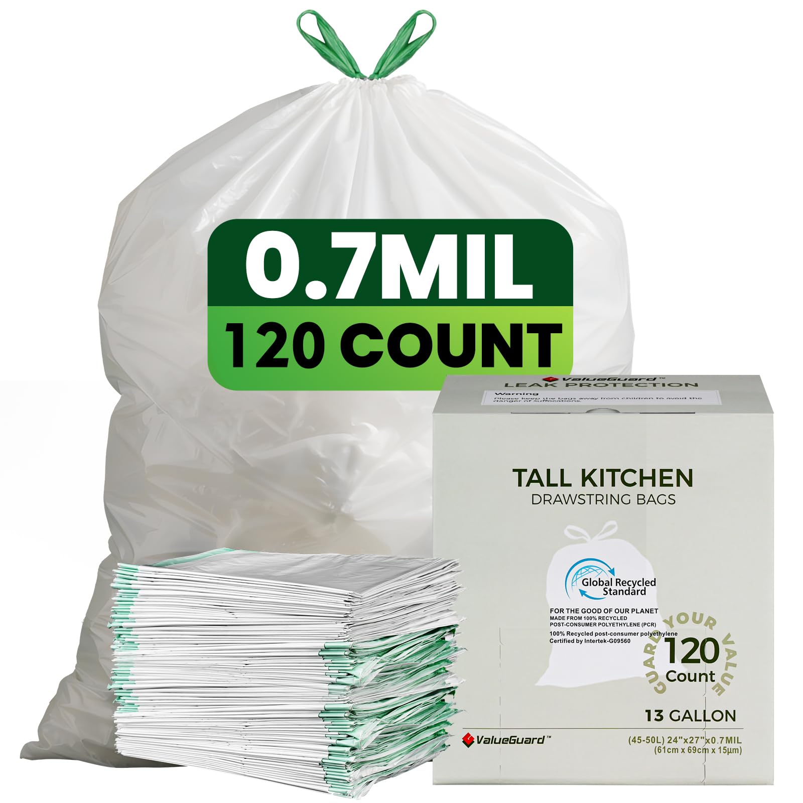 Large Trash Bag 13 Gallon Tall Drawstring 100% Post