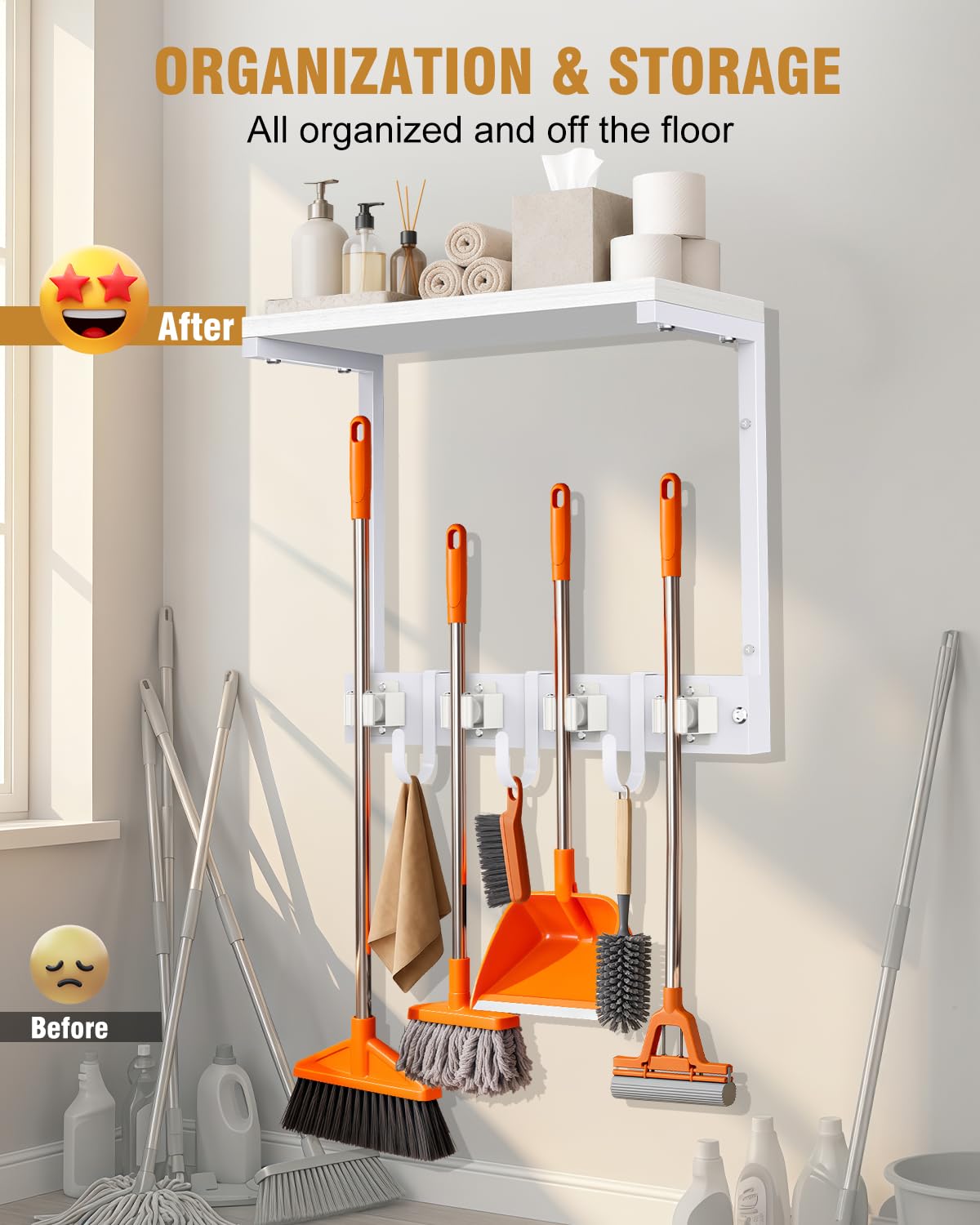 Small Broom Holder Wall Mount with Shelf
