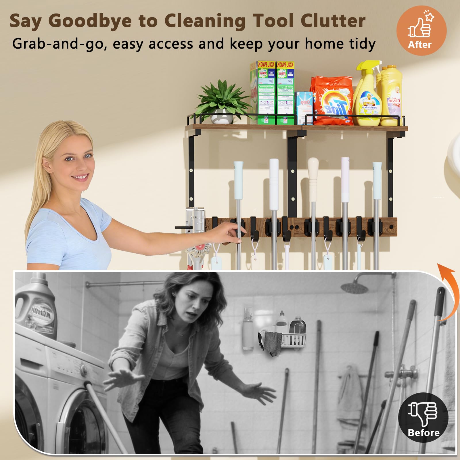 Broom and Mop Organizer Wall Hanging with Cleaning Supplies Organizer