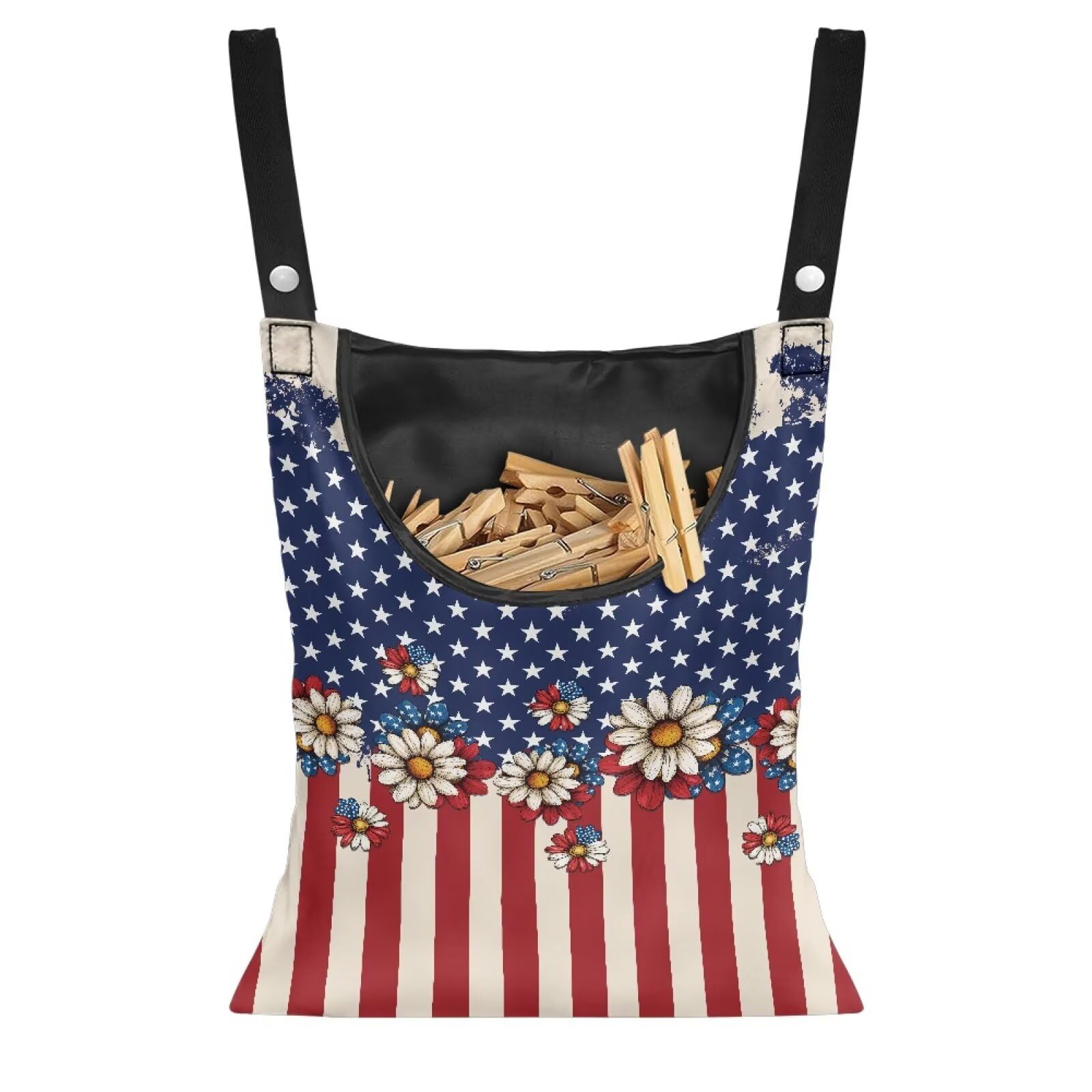 American Flag Clothes Pin Bag Floral Poeny Clothes Pin Hanging Bag Fashion Clothespin Organizer Bag Portable Clothespin Storage with Large Opening Clothespins Storage for Small Items