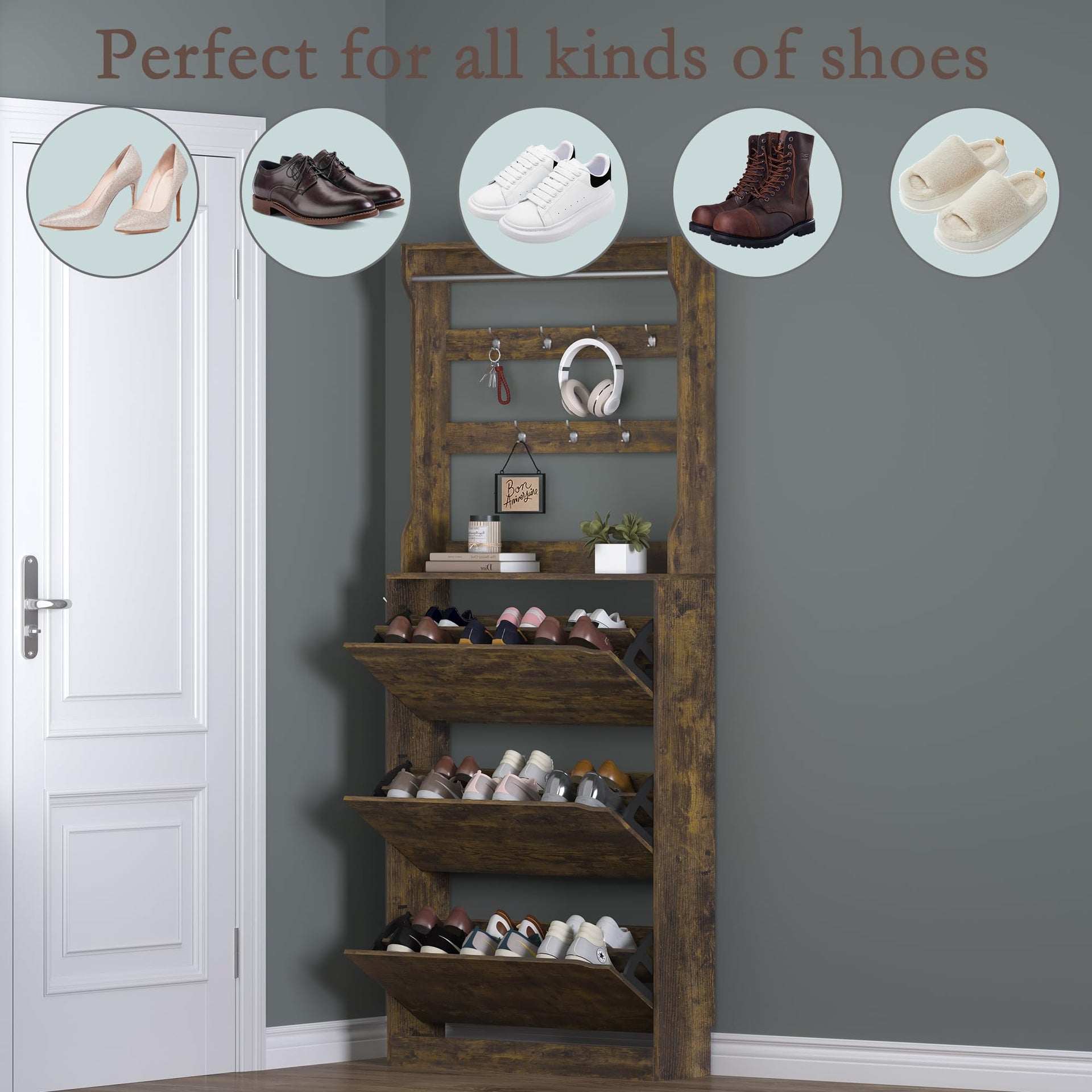 Shoe Cabinet with 3 Flip Drawers & Coat Rack