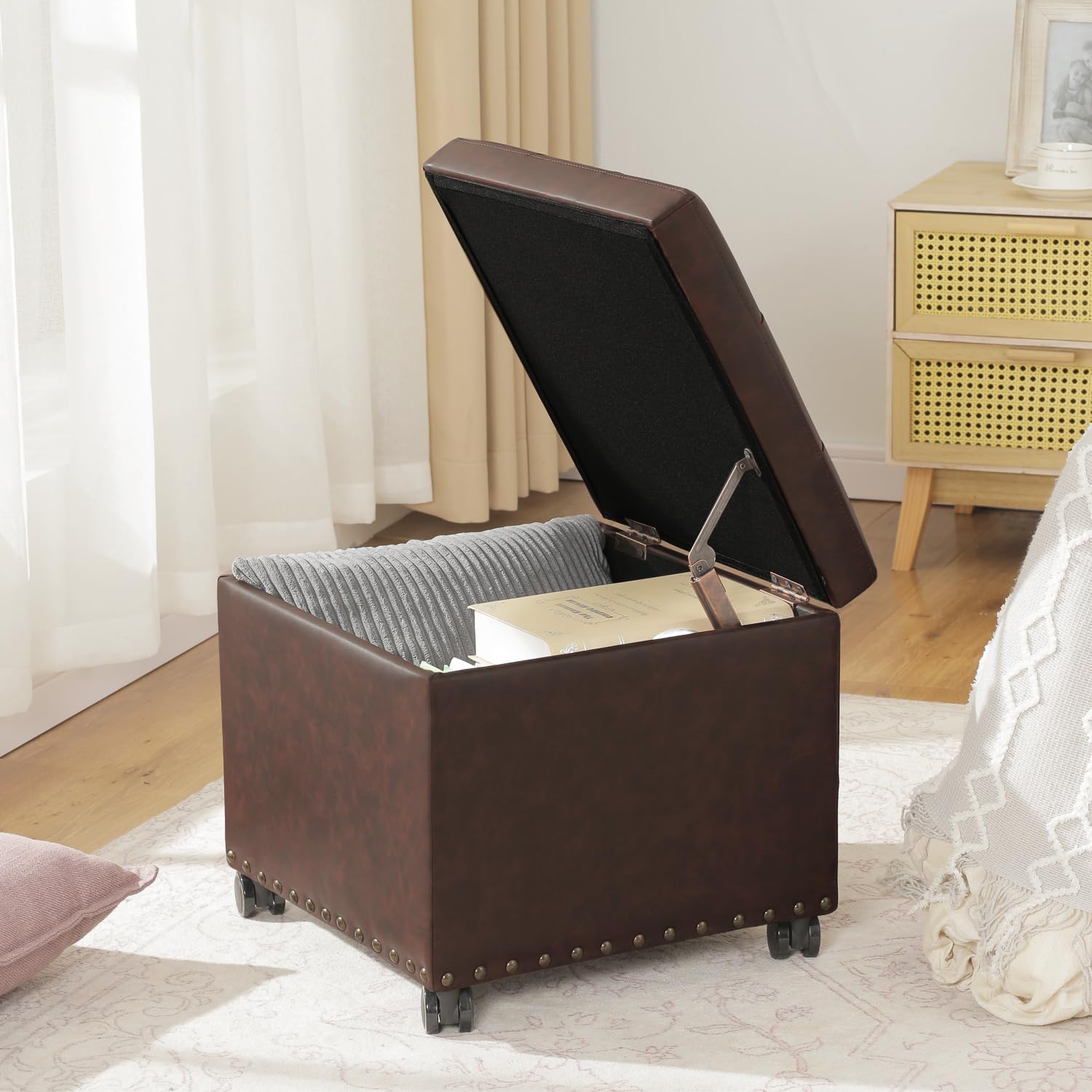16.7" H Brown Leather Storage Ottoman with 360 Caster Wheels