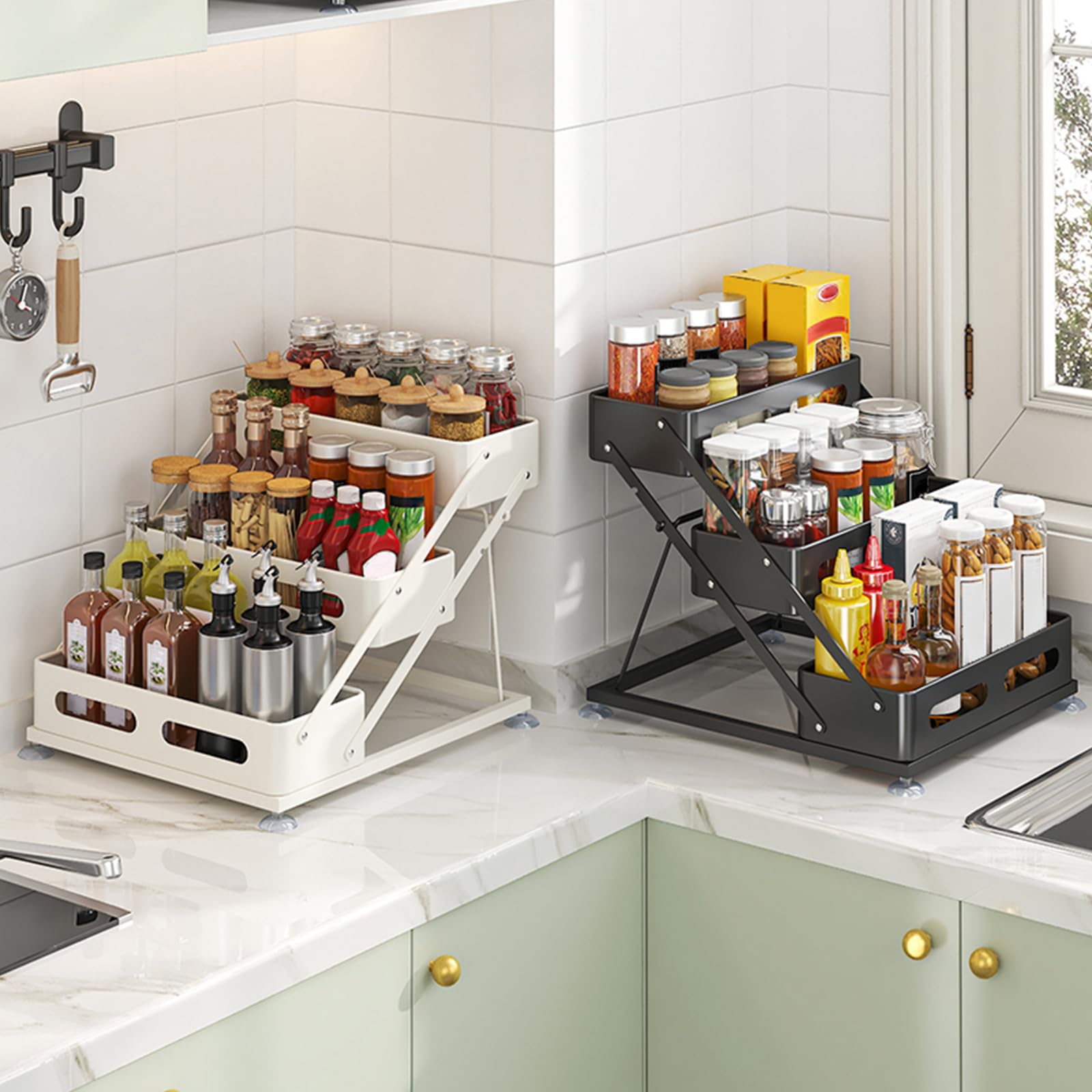 Spice Rack 3 Tier Foldable Seasoning Organizer Jars Storage Holder Step Shelf for Cabinet Kitchen Countertop Pantry Coffee Bar White