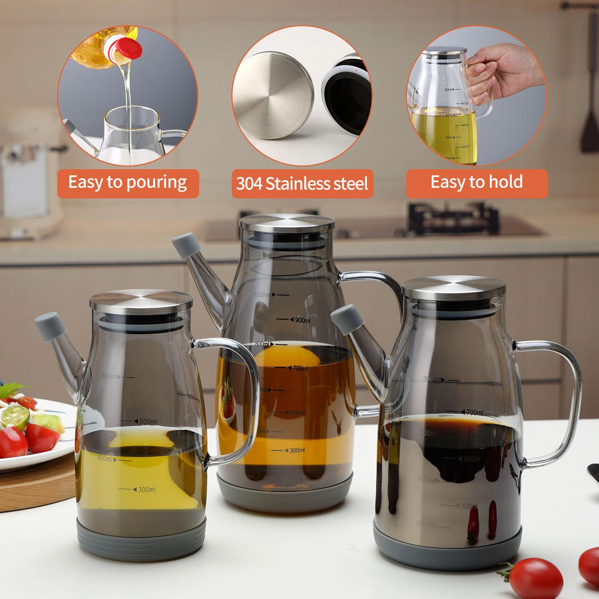 Large Glass Oil Dispenser Bottle for Kitchen Cooking Recipiente Para Aceite De Cocina Olive Oil Vinegar Dispenser Cruet Stainless Steel Lid No Drip Liquid Container
