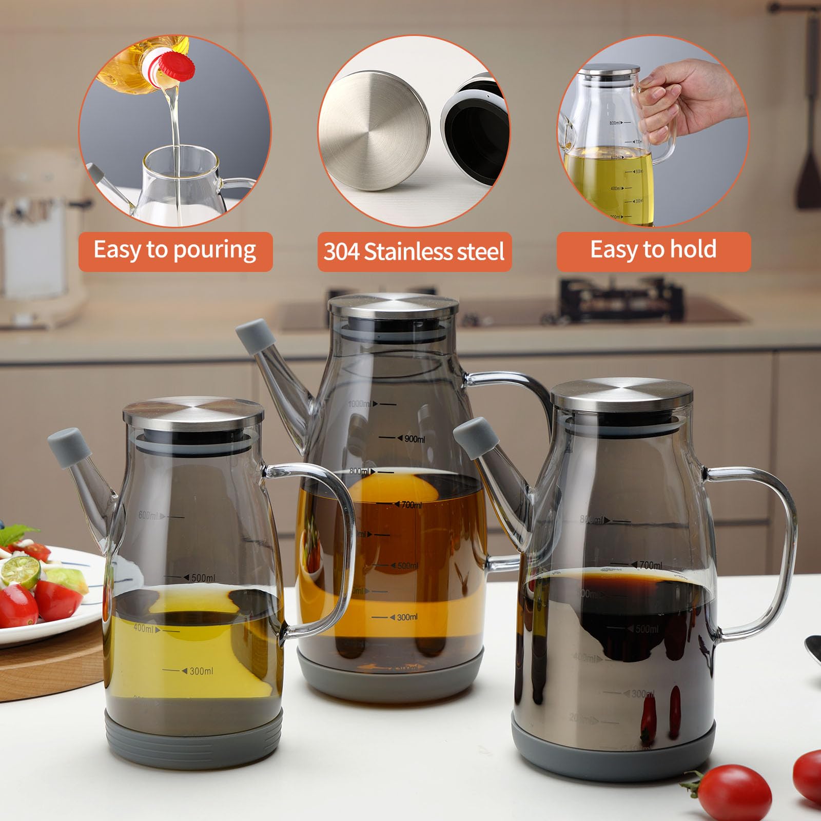 Large Glass Oil Dispenser Bottle for Kitchen Cooking Recipiente Para Aceite De Cocina Olive Oil Vinegar Dispenser Cruet Stainless Steel Lid No Drip Liquid Container