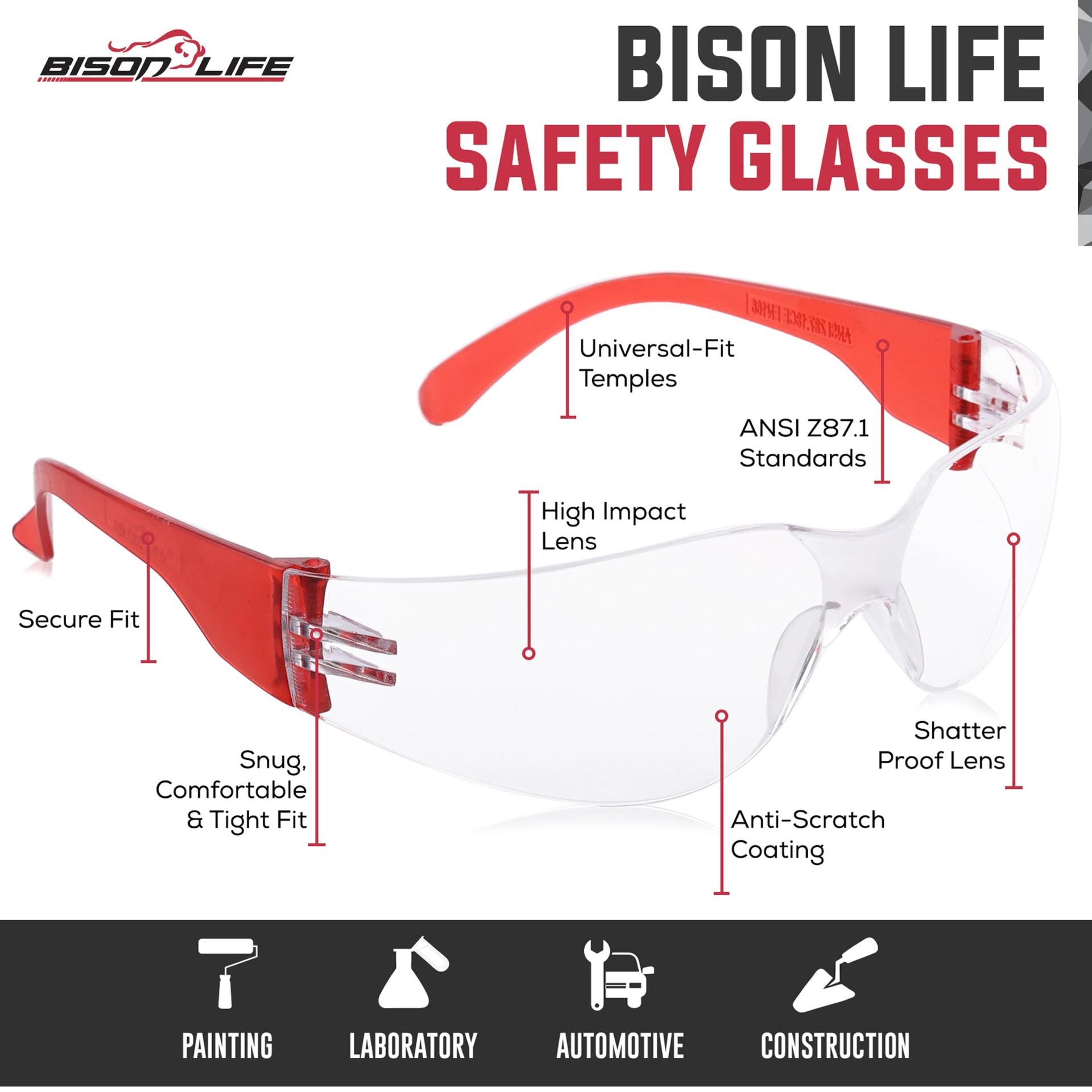 Clear Lens Red Temple Protective Safety Glasses (144 Count)