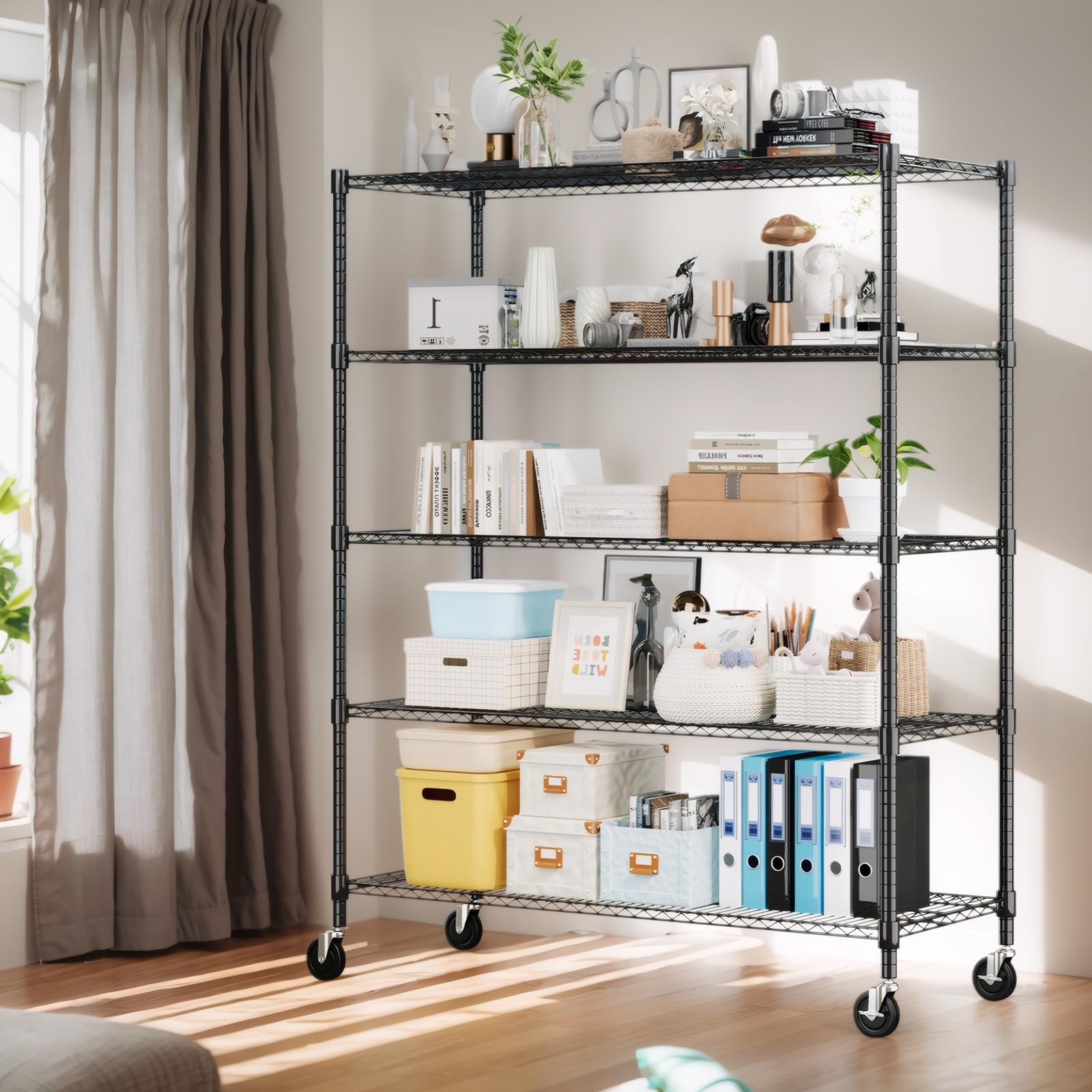 82" H Storage Shelves 5 Tier Metal Shelving Adjustable Wire Shelf with Wheels