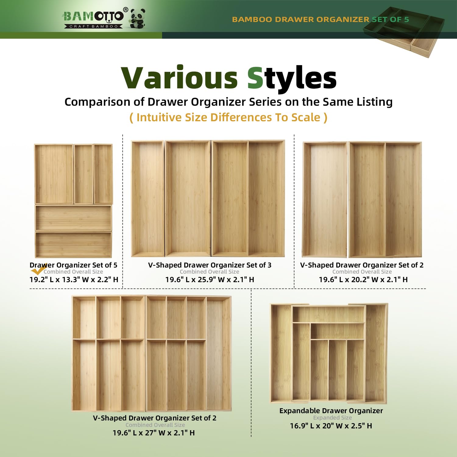 Stackable Bamboo Drawer Organizer Set of 5 for Kitchen (5 Count)
