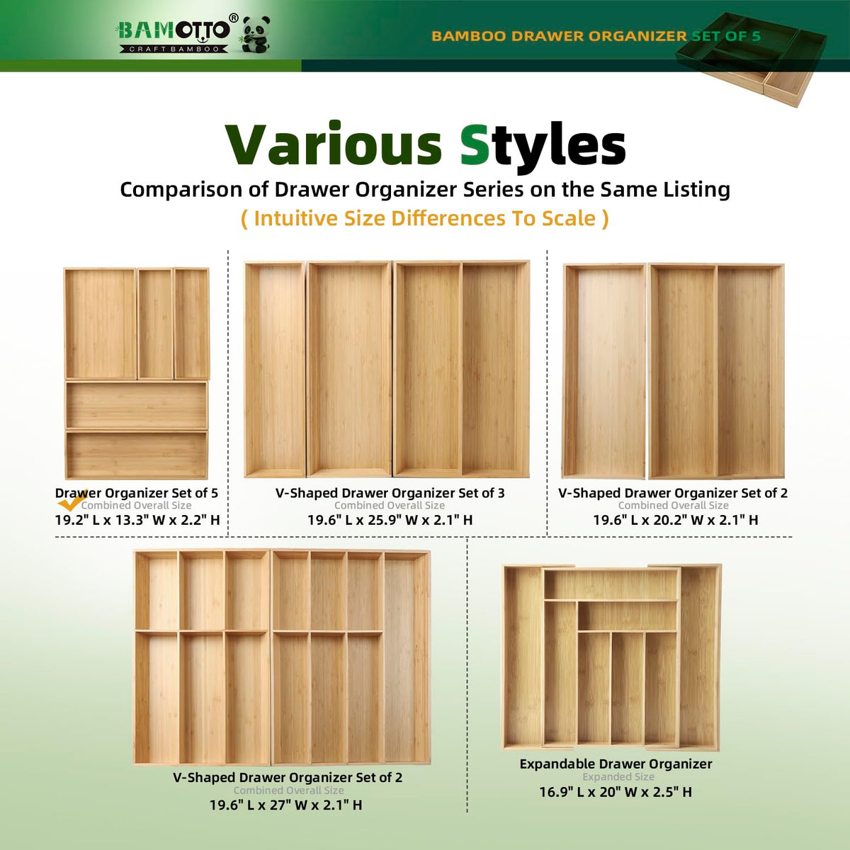 Stackable Bamboo Drawer Organizer Set of 5 for Kitchen (5 Count)
