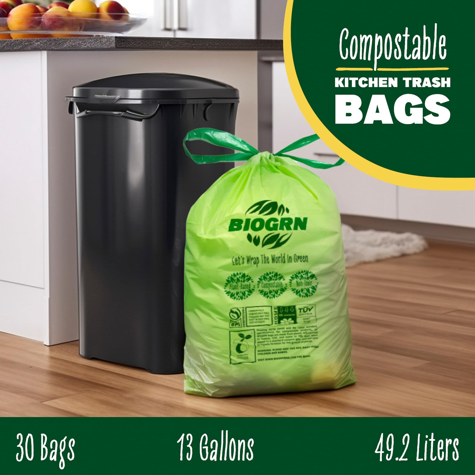 10 13 Gallon Compostable Trash Bags Drawstring 30 Bags Heavy Duty Extra Thick 1 Mil 49.21 Liter Biodegradable Trash Bags Compost Bags Green for Kitchen ASTM D6400 US BPI and OK Compost Home Certified (30 Count)