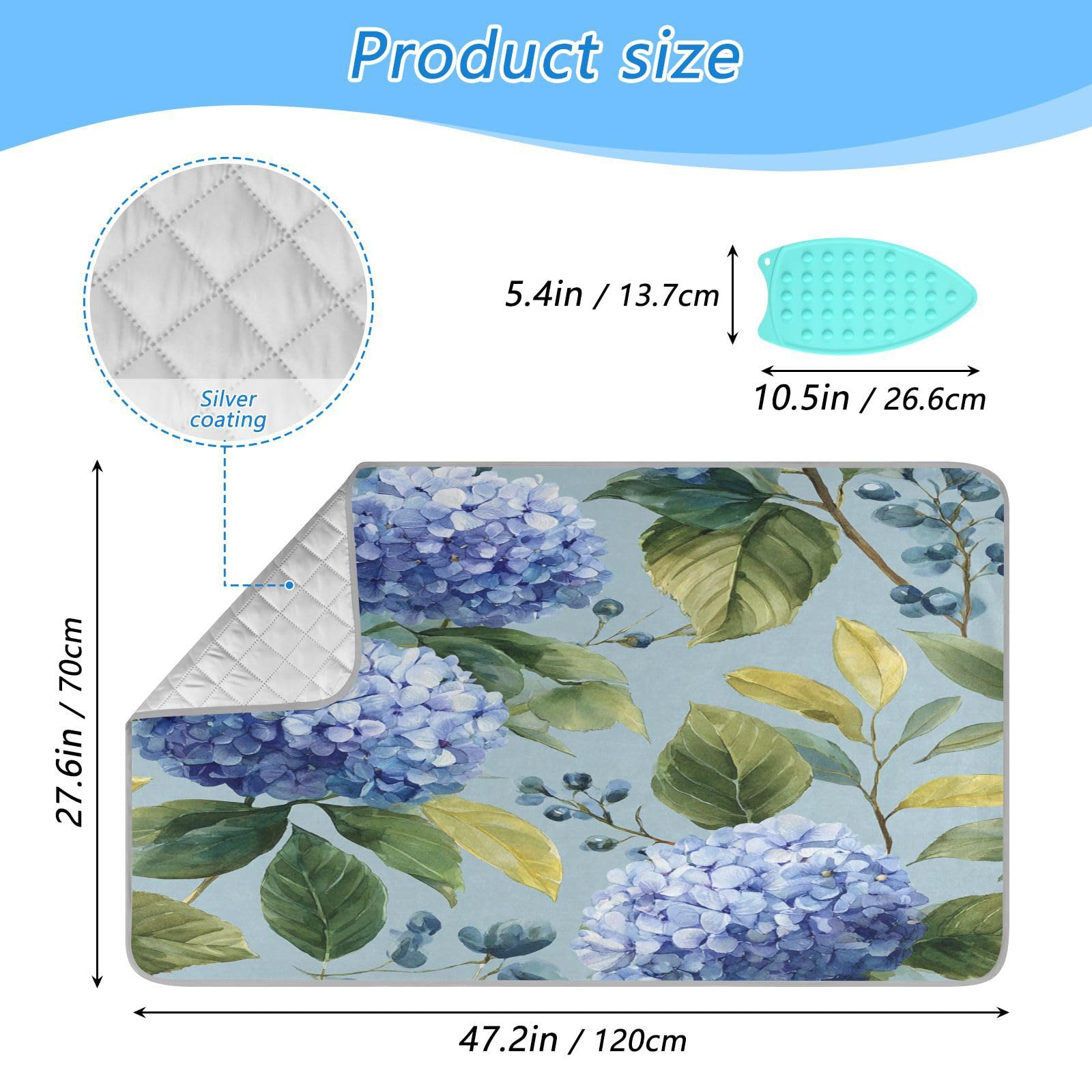 Watercolor Blue Hydrangea Ironing Mat Thickened Ironing Blanket Travel Portable Double