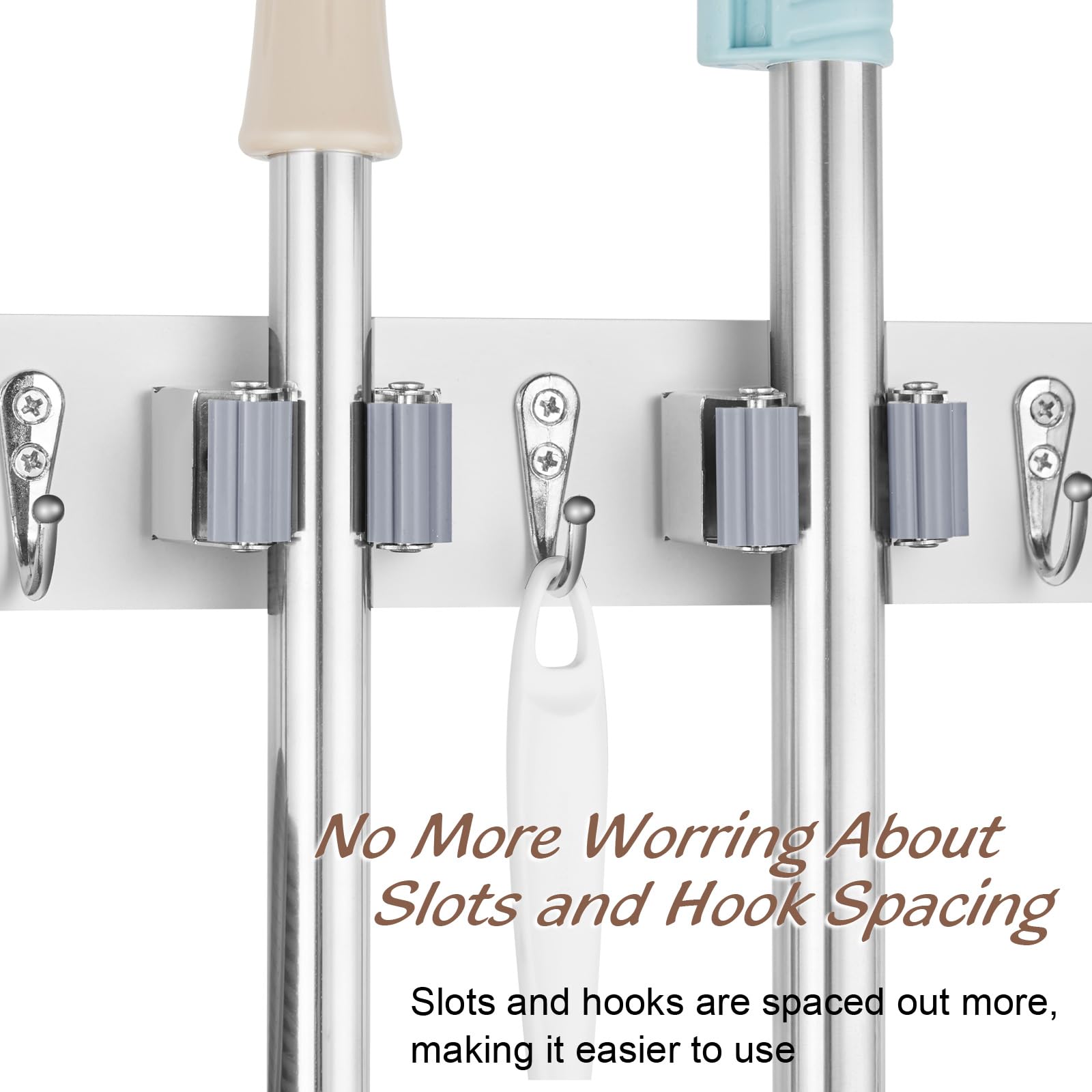 2 Pack White Mop Broom Holder Wall Mount with 3 Slots & 4 Hooks (2 Count)