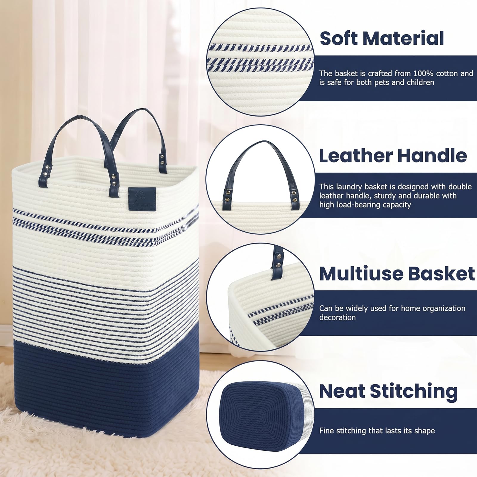 75L Woven Laundry Hamper with Long Leather Handles
