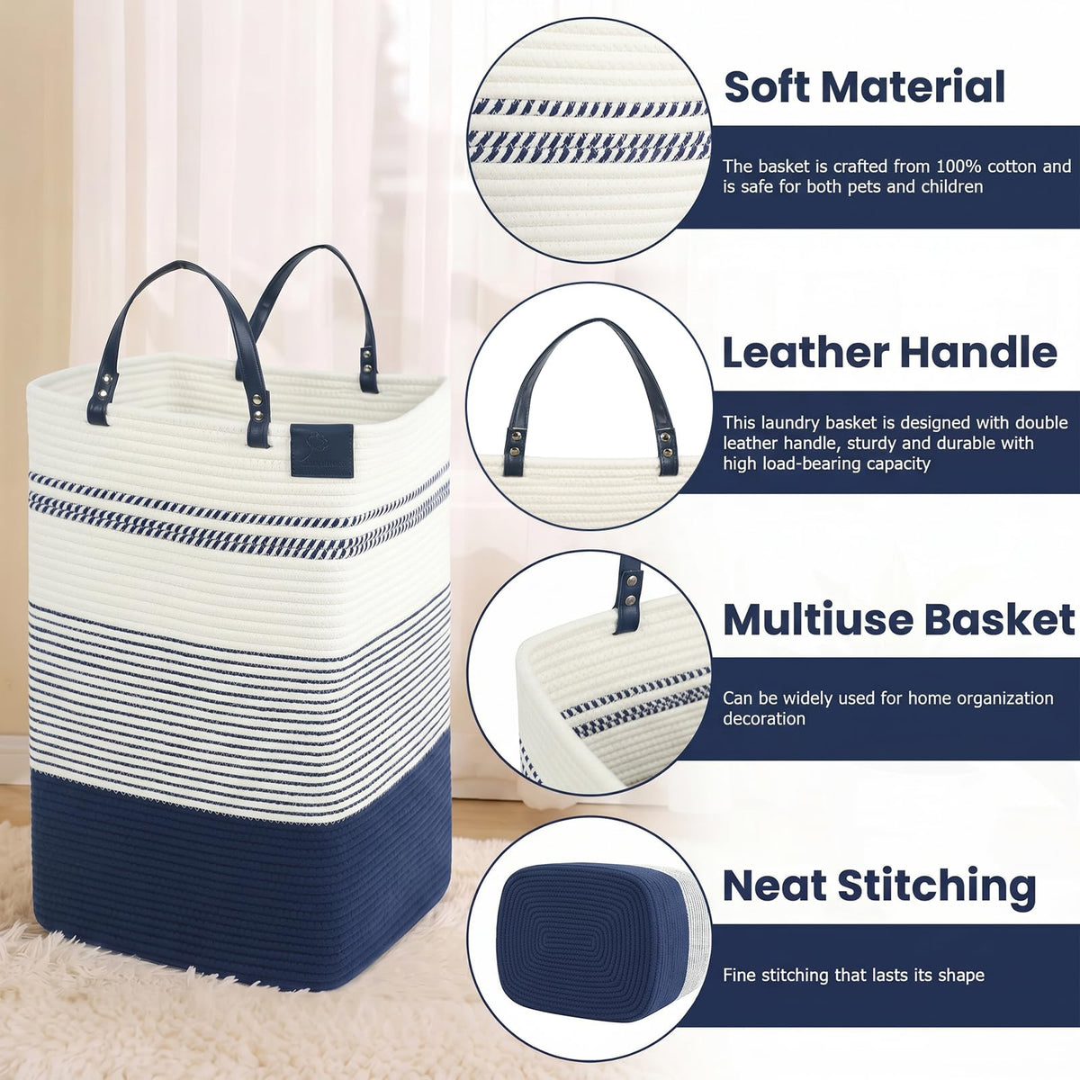 75L Woven Laundry Hamper with Long Leather Handles
