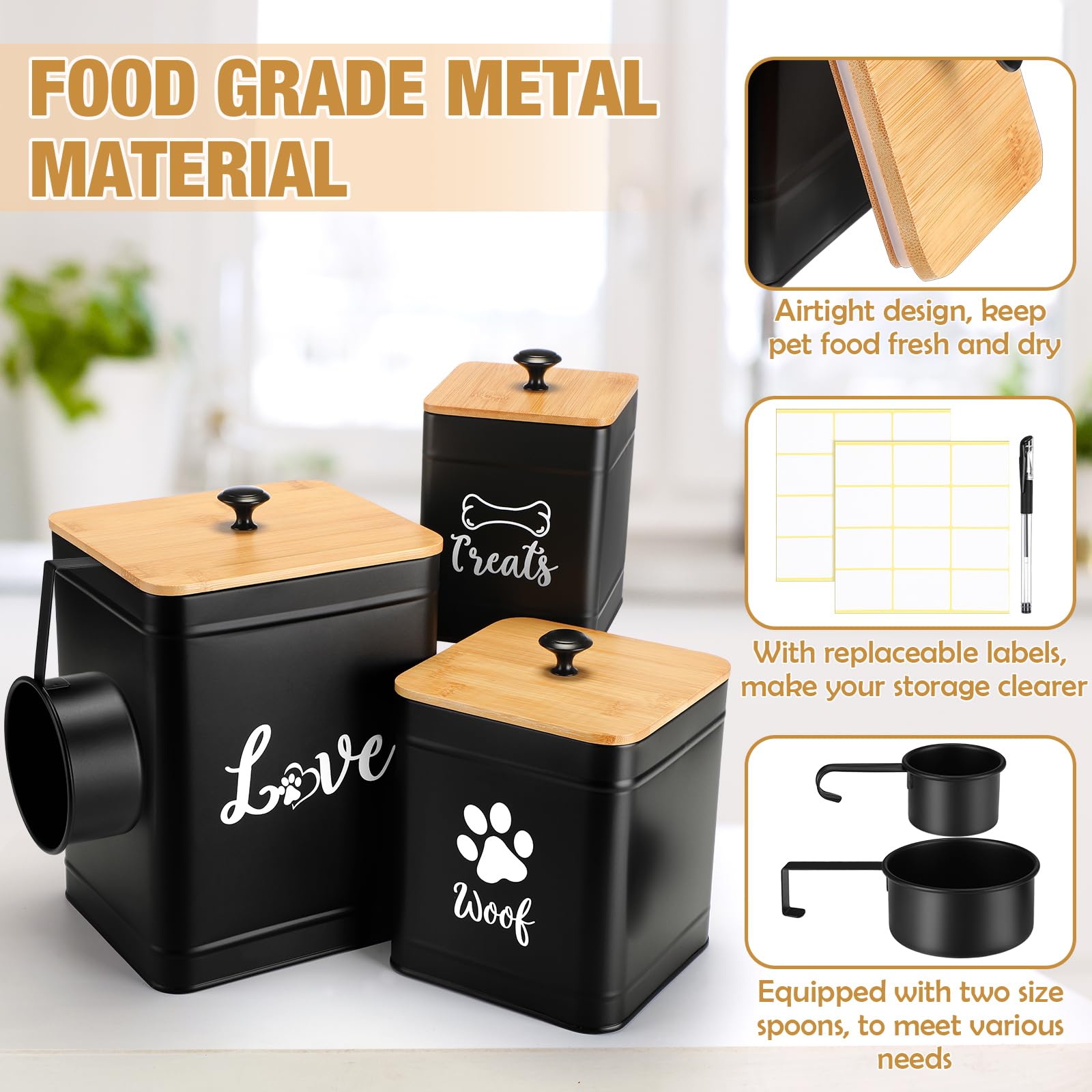 Metal Dog Treat Containers Set of 3 with Bamboo Lids and Spoon Airtight 7+3+2 lbs Dog Food Snack Jars with DIY Labels Big Pet Cookie Storage Jar for Kitchen Counter (3 Count)