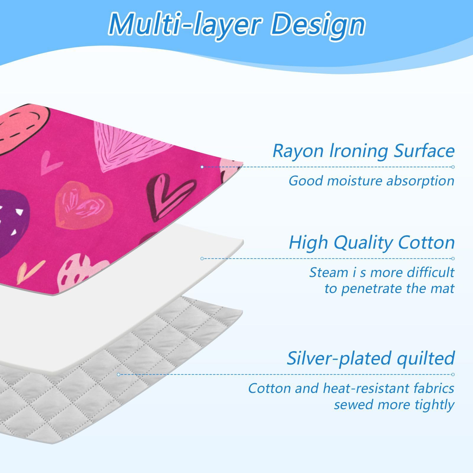 Hot Pink Doodle Hearts Stars Valentine Ironing Mat Portable Ironing Pad Blanket with Silicone Iron Rest for Table Top Travel Heat Resistant Double