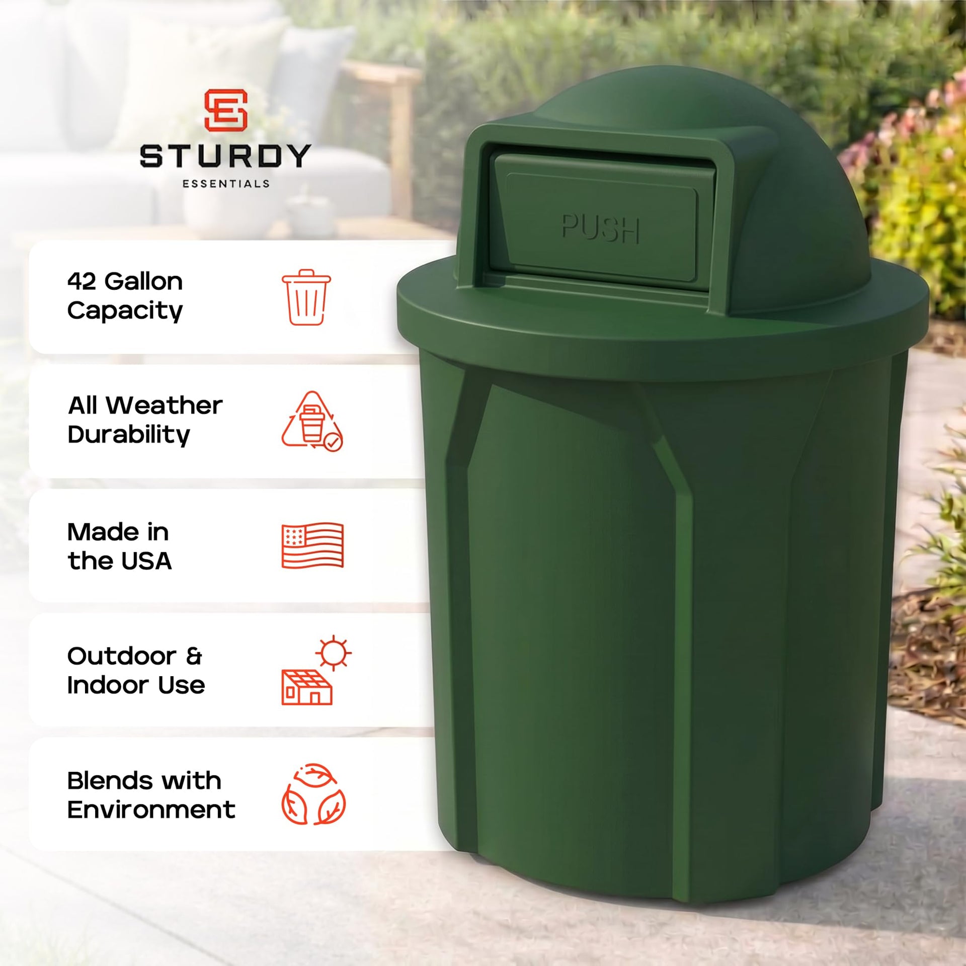 Campus Collection 42 Gallon Plastic Commercial Garbage Can with Push Lid
