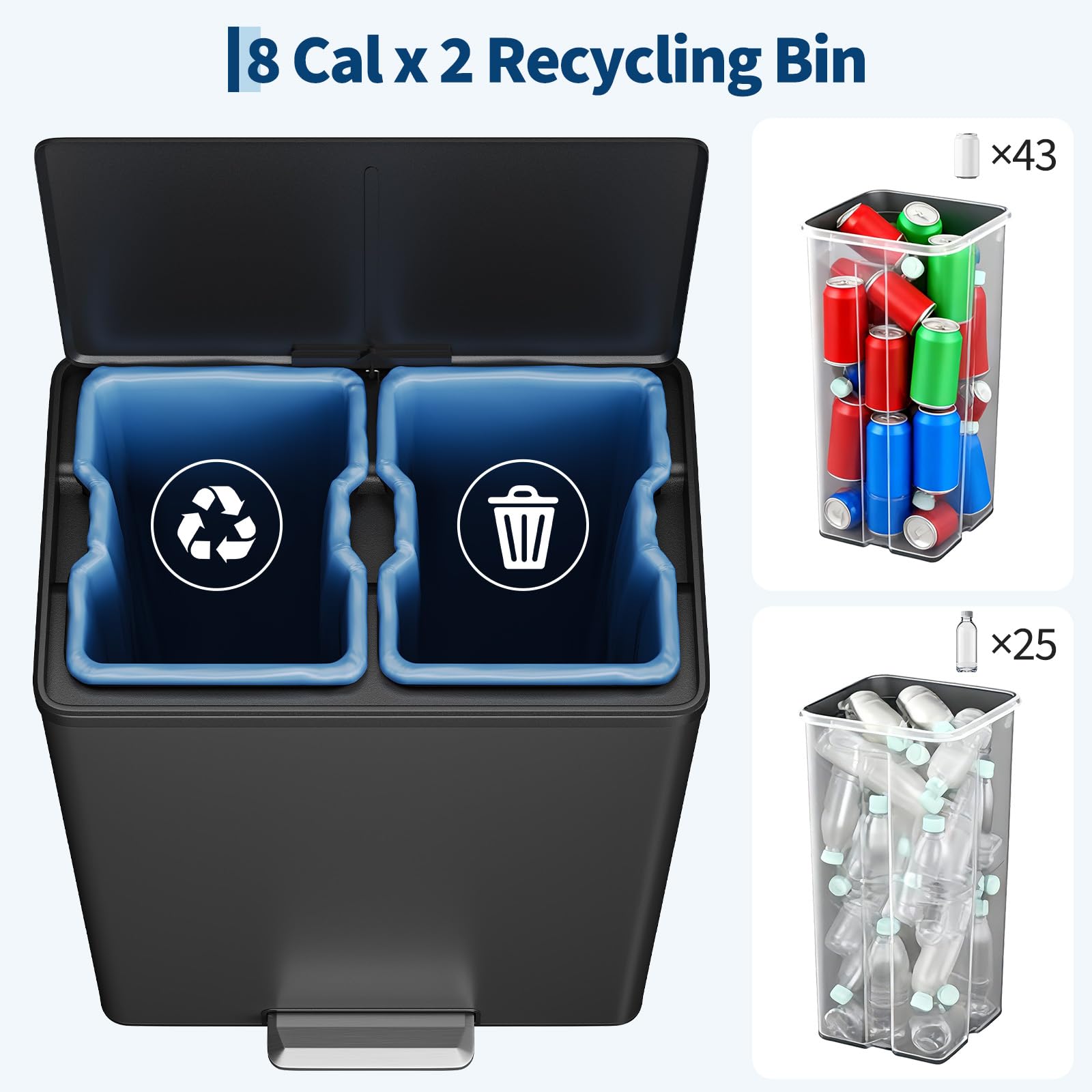 Dual Trash Can Stainless Steel Kitchen Recycling Bin Foot Pedal (2 Count (8 Gal each))