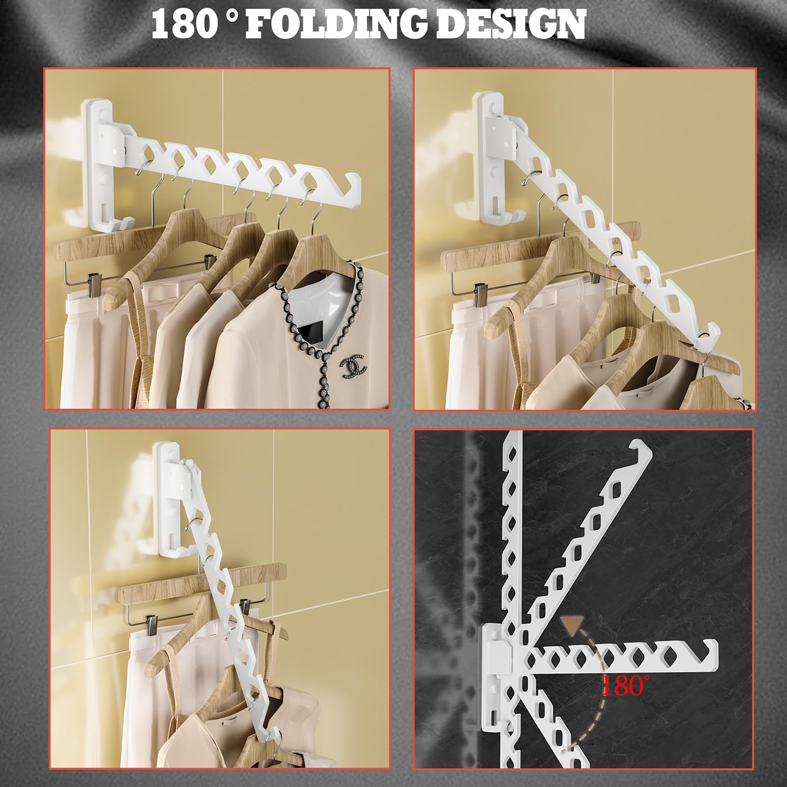 Wall Mount Coat Hanger Holder White Clothes Drying Organizer Rack Garment Hooks Aluminium Retractable Folding Indoor Wall Mounted Hanger Space Saver for Laundry Room Bedroom White 2 Pack with 8 Hooks (2 Count)