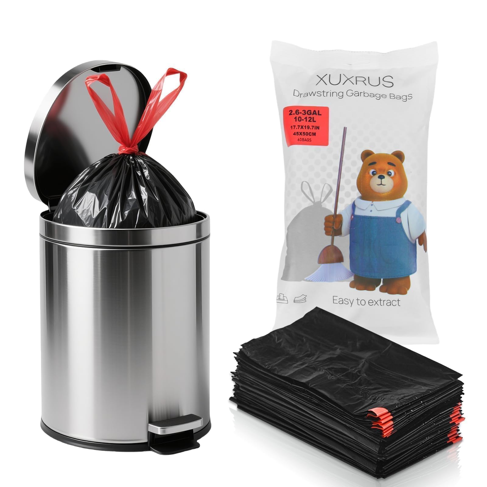 2.6 Gallon Black Bathroom Trash Bags Drawstring (60 Count)
