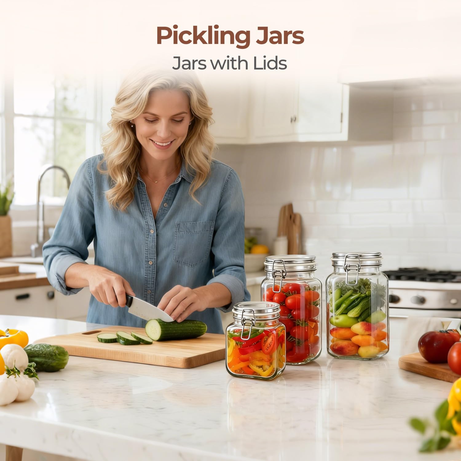 Square Glass Jars with Airtight Lids 51 oz 3 Pack Wide Mouth (3 Count)