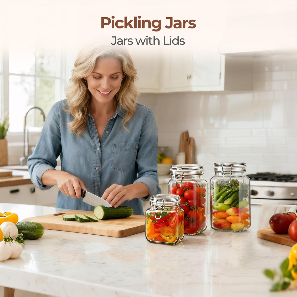 Square Glass Jars with Airtight Lids 51 oz 3 Pack Wide Mouth (3 Count)