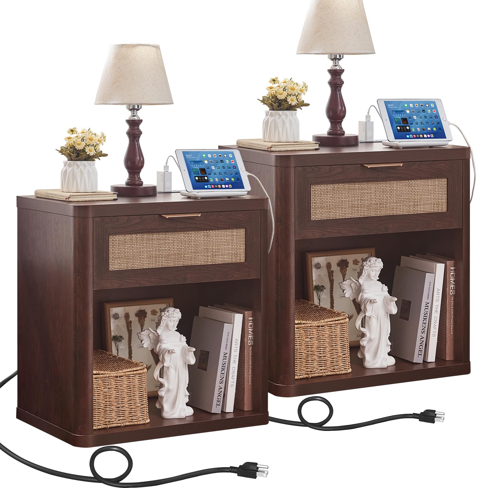 Rattan Nightstands Set of 2 with Charging Station (2 Count)