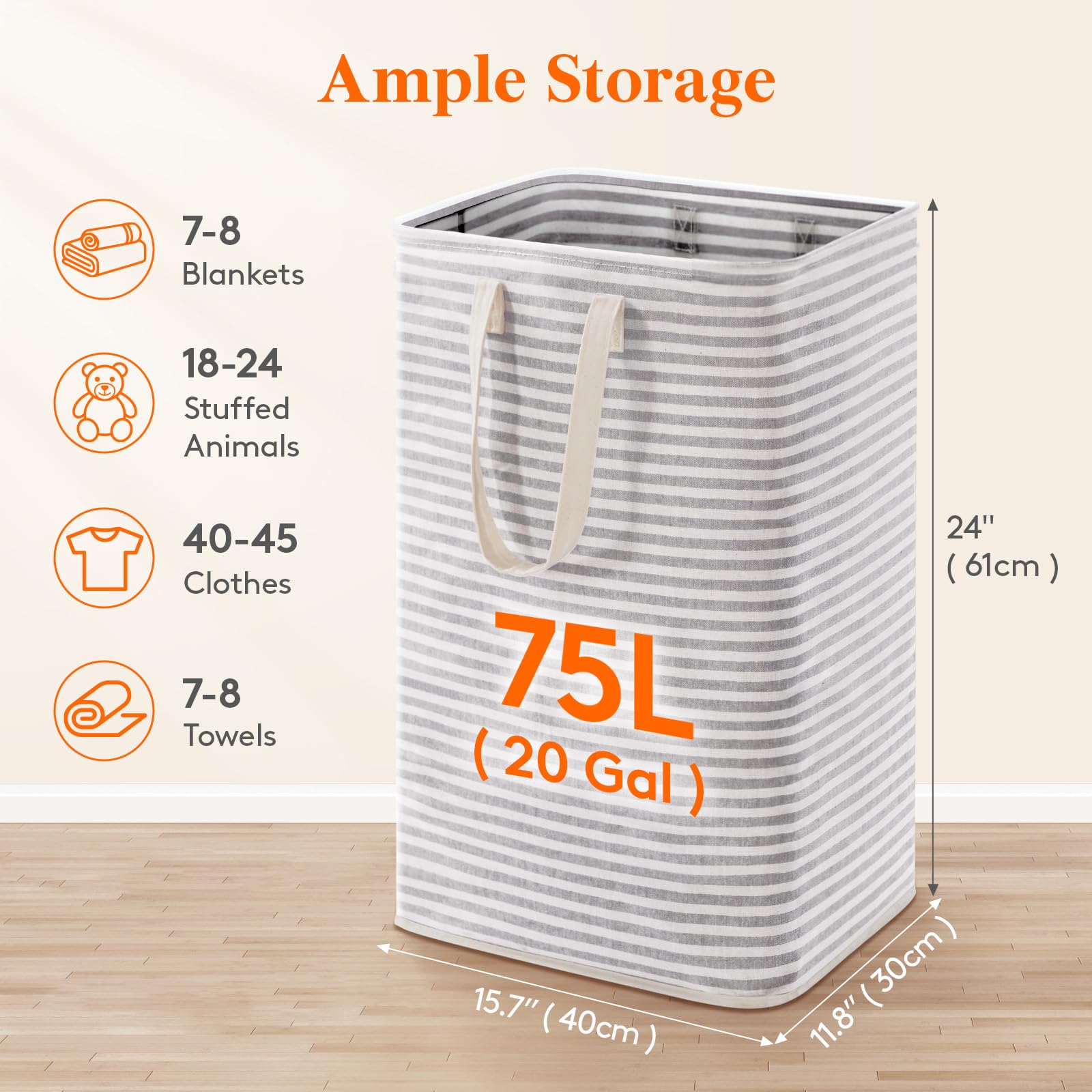 75L Large Collapsible Laundry Basket with Extended Handles