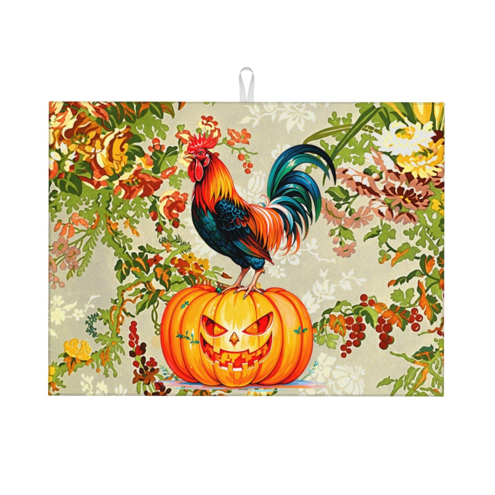 Rooster Pumpkin Dish Drying Mat Highly Absorbent Double