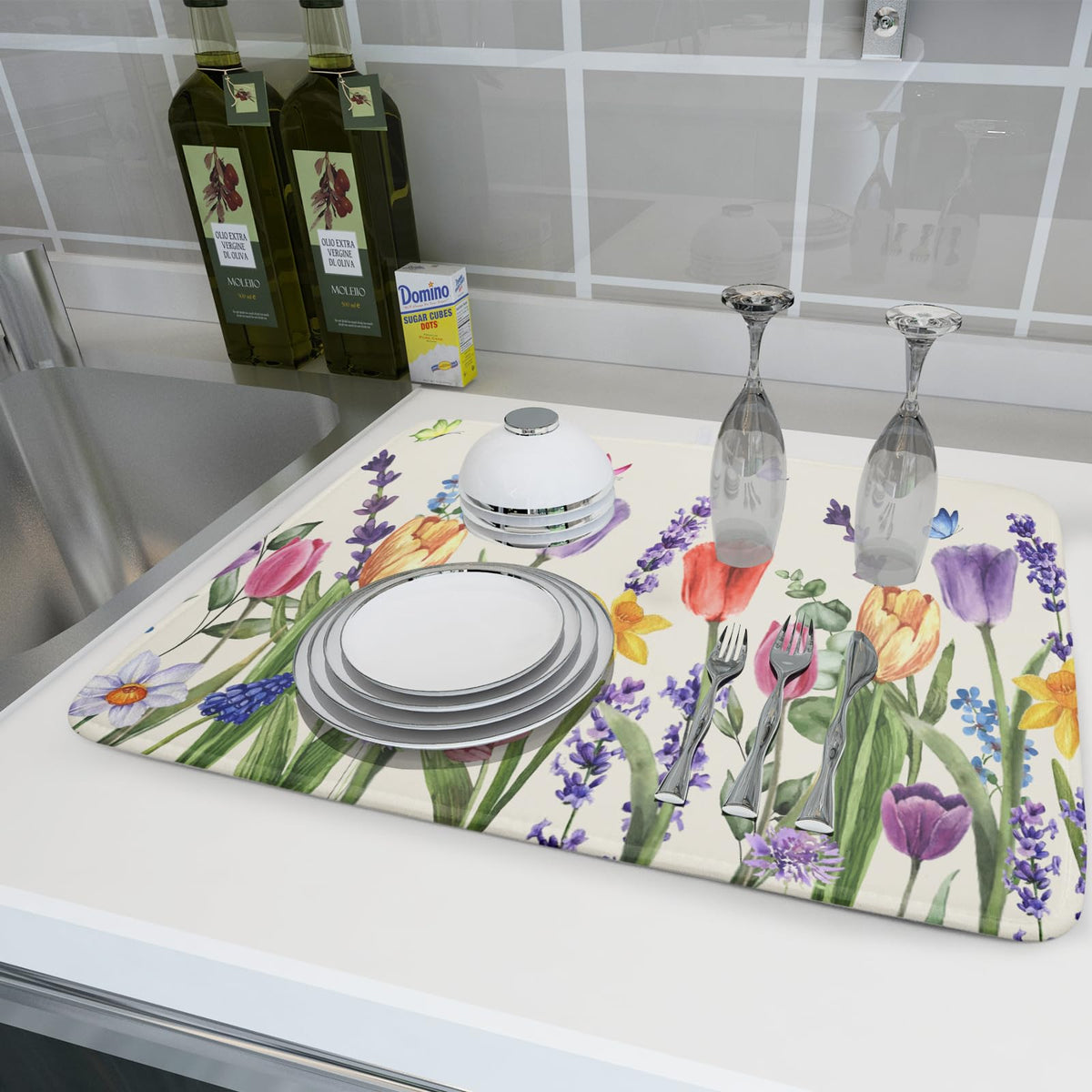 Spring Summer Floral Dish Drying Mat for Kitchen Counter 18x24 Inch Spring Flowers Dish Drainer Rack Mats Absorbent Kitchen Drying Mat Botanical Floral Drainer Rack Mats for Kitchen Countertop Decor