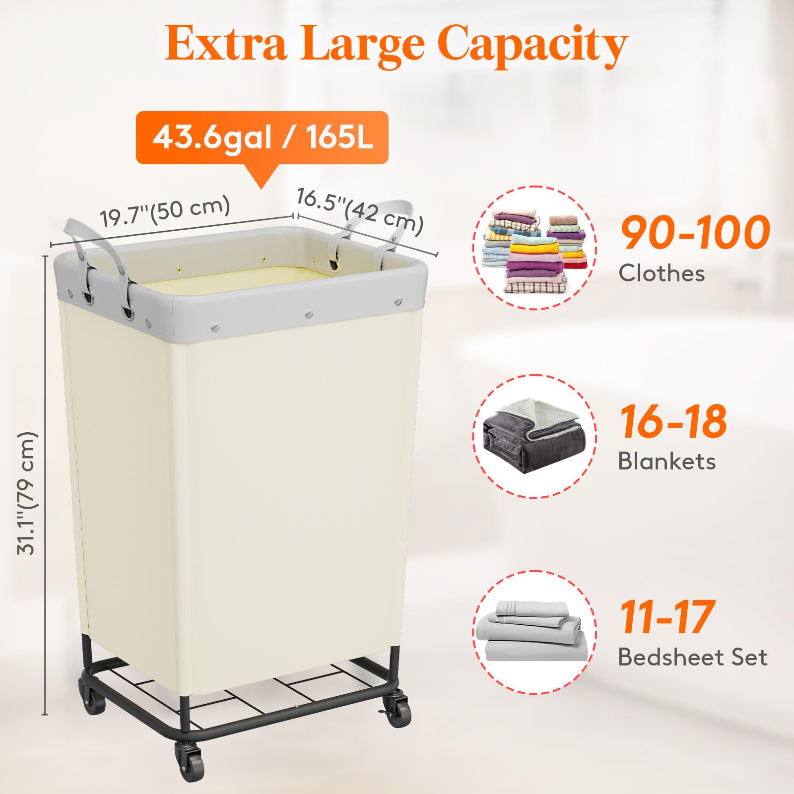 165L Heavy Duty Laundry Basket with Wheels and Handles
