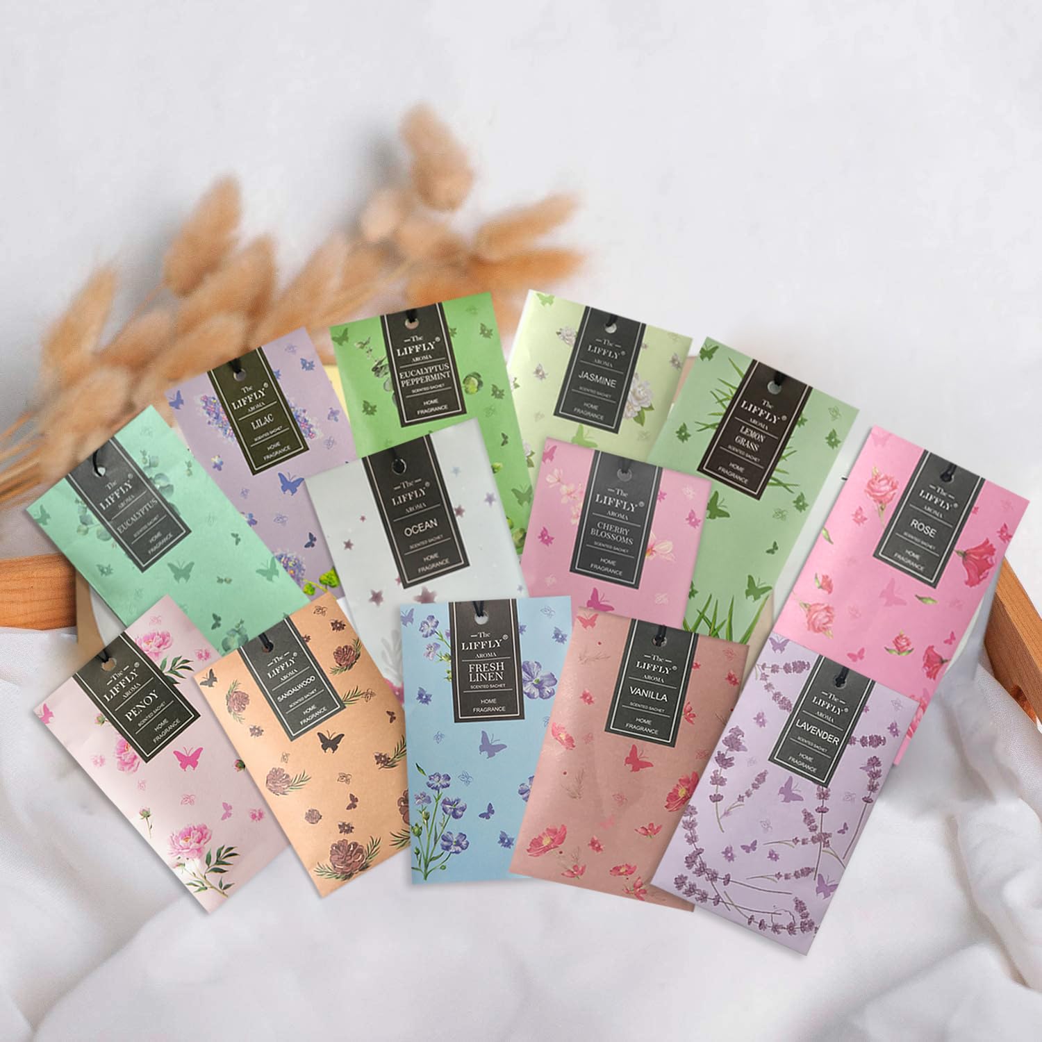 13 Scents Scented Sachets for Drawers and Closets 14 Packs Lavender Rose Jasmine Ocean Vanilla Sandalwood Fresh Linen Cherry Blossoms Lilac Eucalyptus Peppermint Lemongrass Peony Gift Box (14 Count)