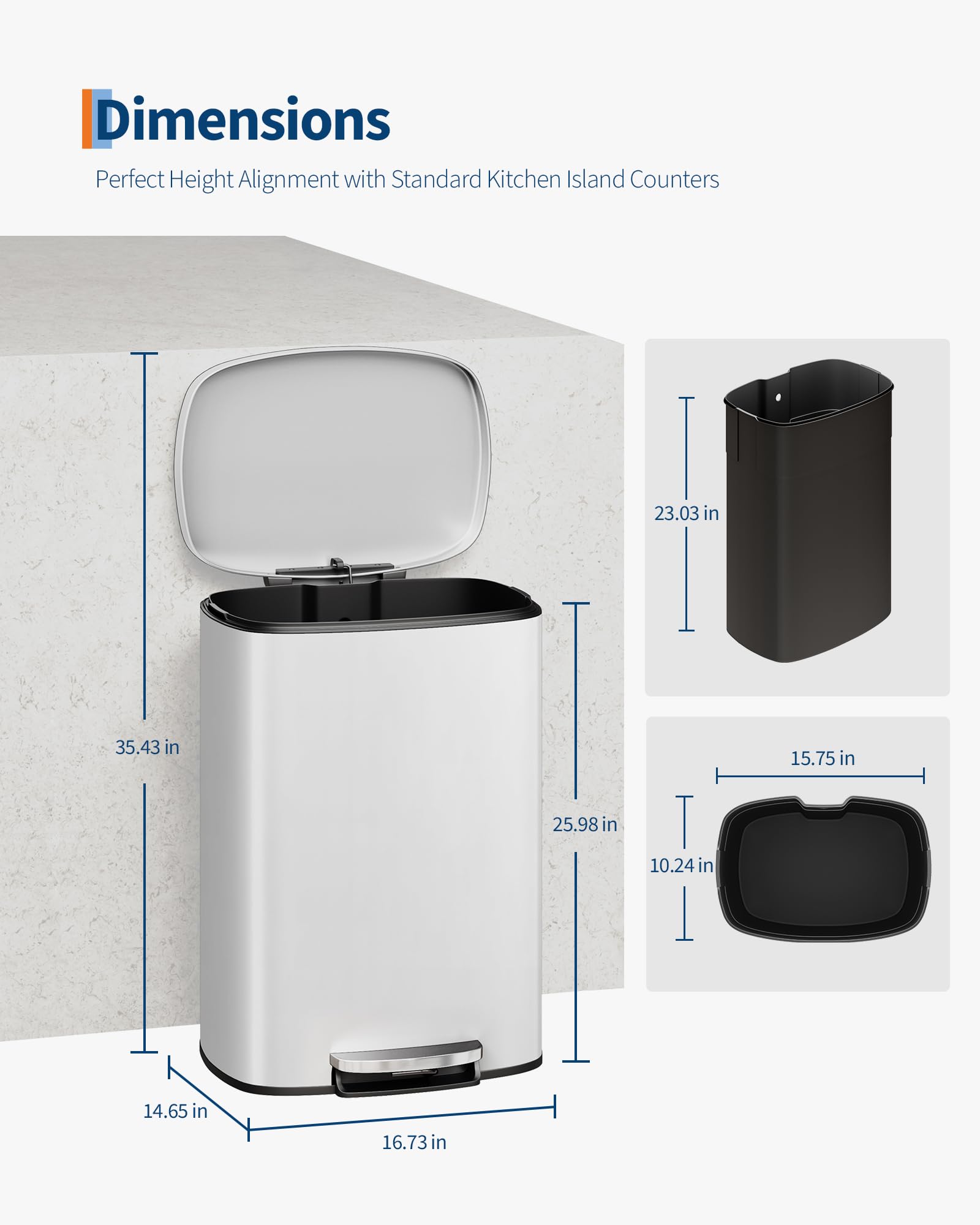 13 gal (50 L) and 2.6 gal (10 L) Metal Trash Can Combo Set, Rustproof Garbage Can with Lid, Step-on Trash Bin with Inner Bucket, Rear Handle, White