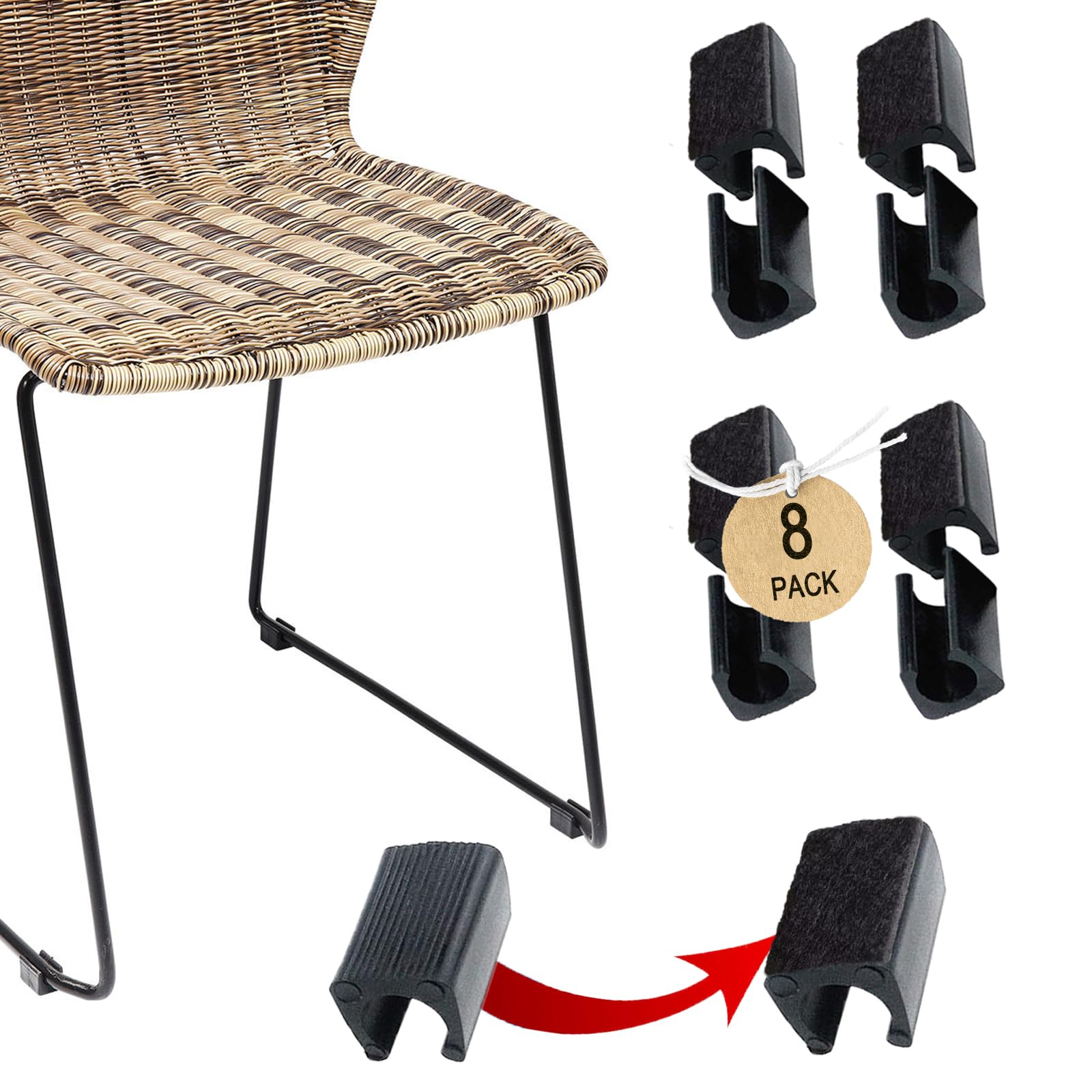 Rectangle U Shaped Sled Chair Leg Tips Cap with Felt Pads (8 Count)