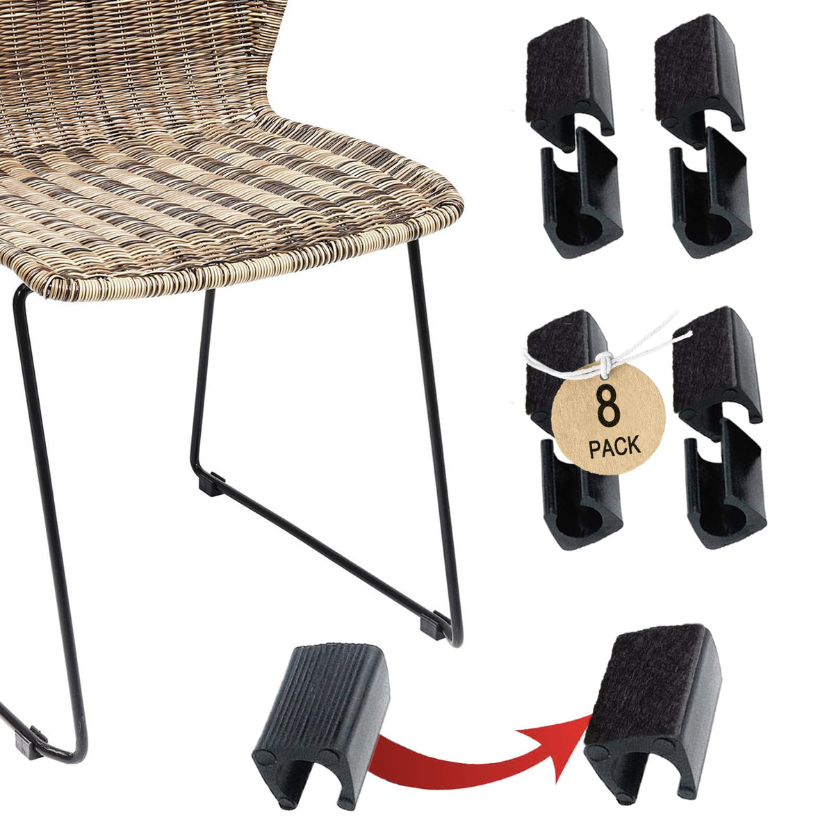 Rectangle U Shaped Sled Chair Leg Tips Cap with Felt Pads (8 Count)