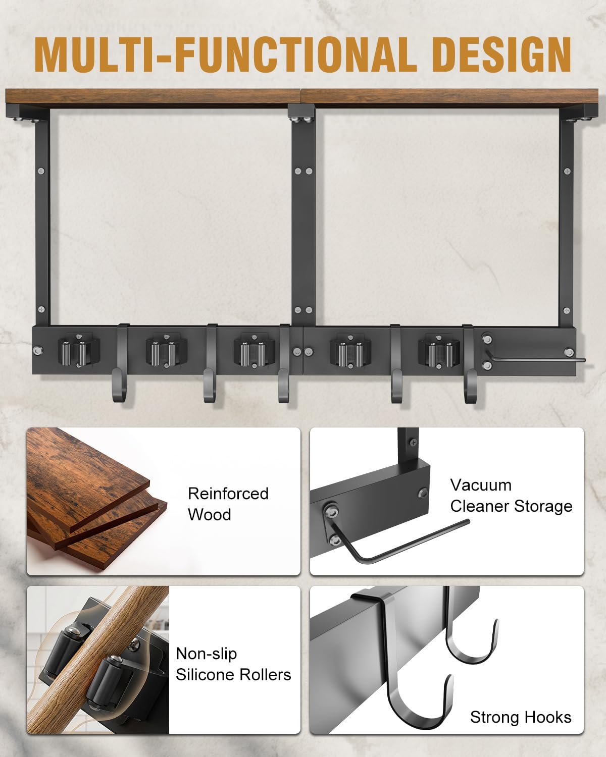 Large Broom Holder Wall Mount with Shelf