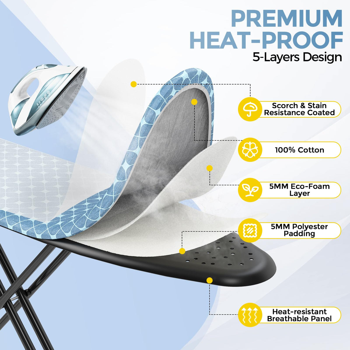 Foldable 7 Level Heigh Adjustable Ironing Board with Iron Rest