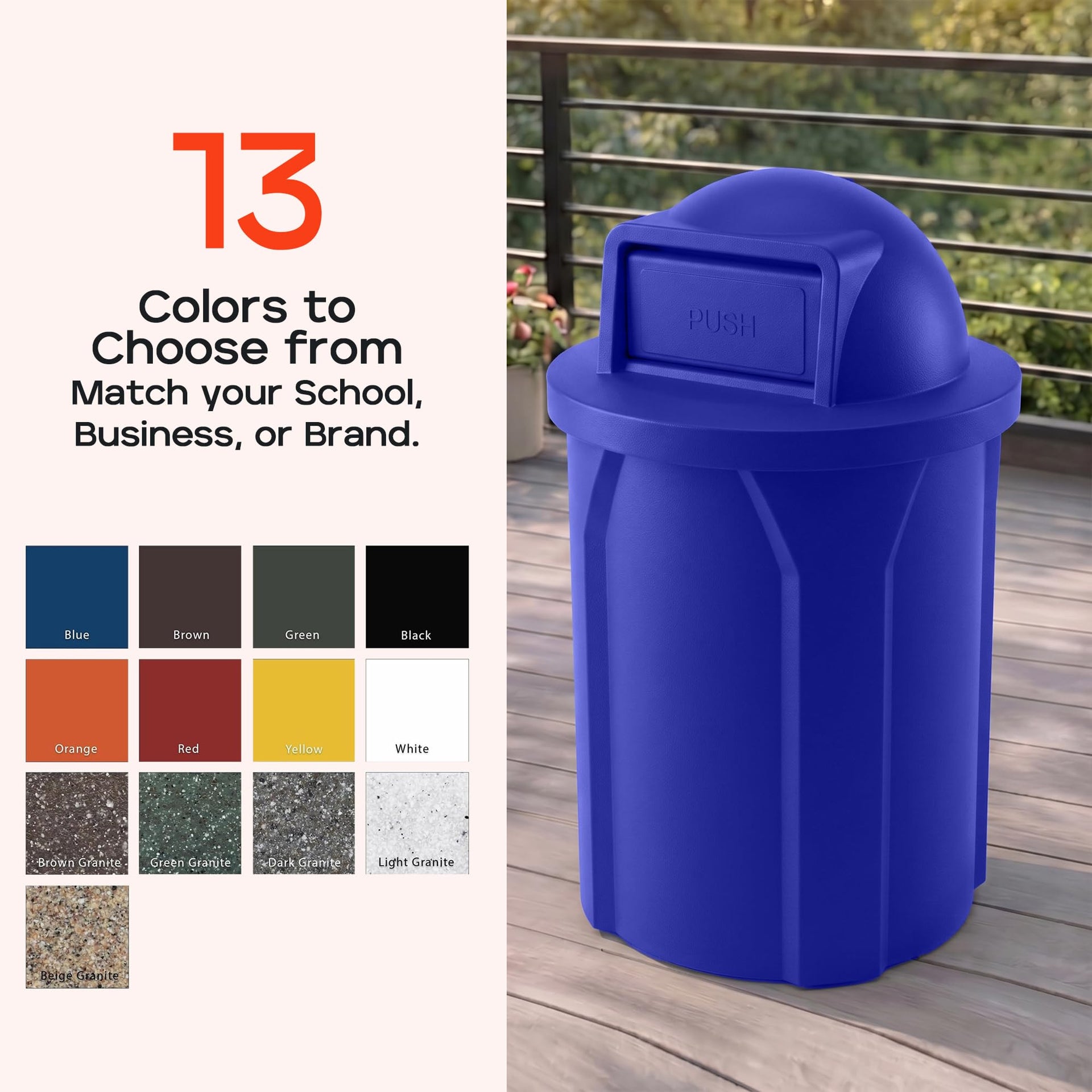 Campus Collection 42 Gallon Plastic Commercial Garbage Can with Push Lid