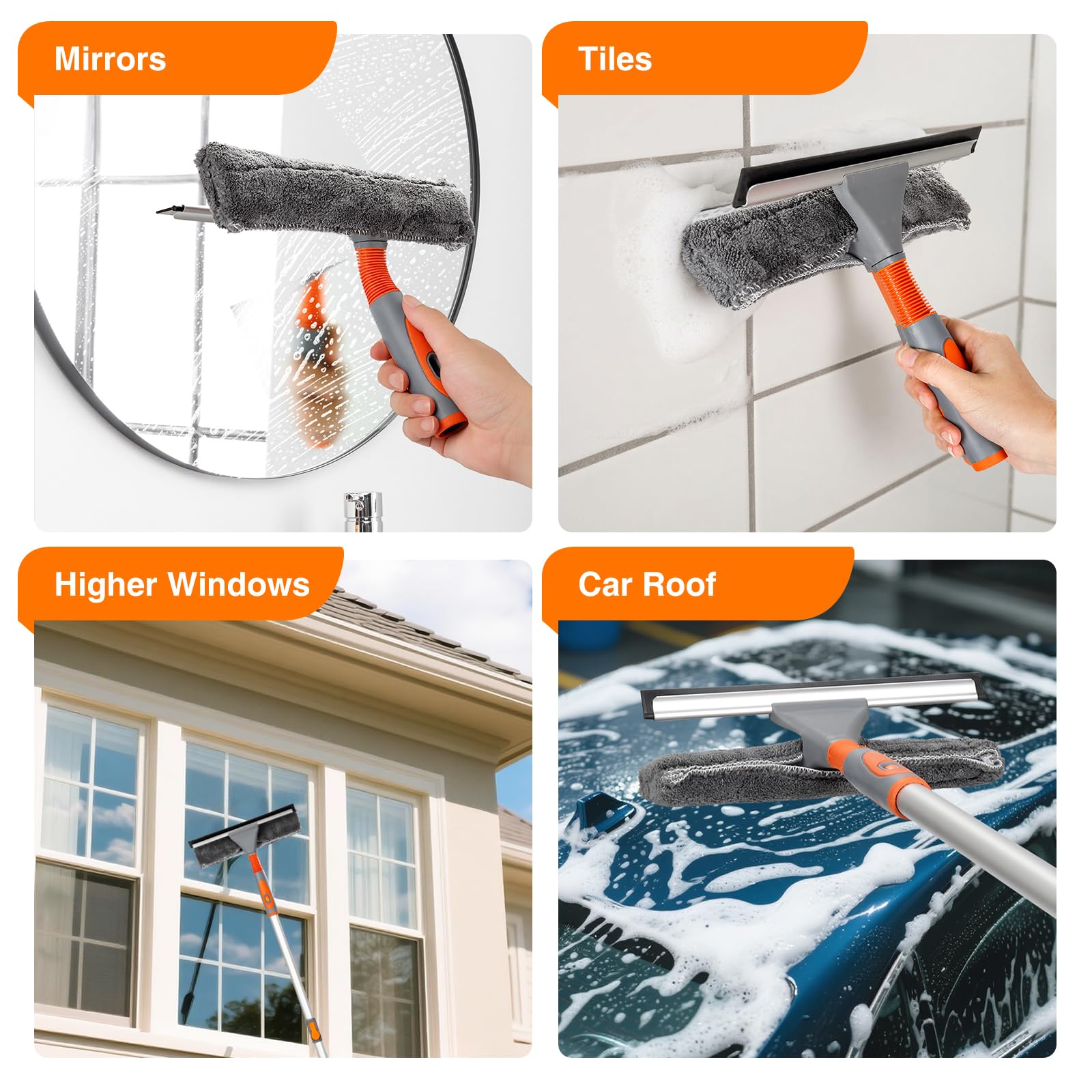 2-in-1 Window Squeegee Cleaner with 62" Window Cleaning Tool Kit with Extension Pole, Bendable Head for Extra Force, Window Washing Equipment Car/Glass/Shower (2 Fiber Pads)