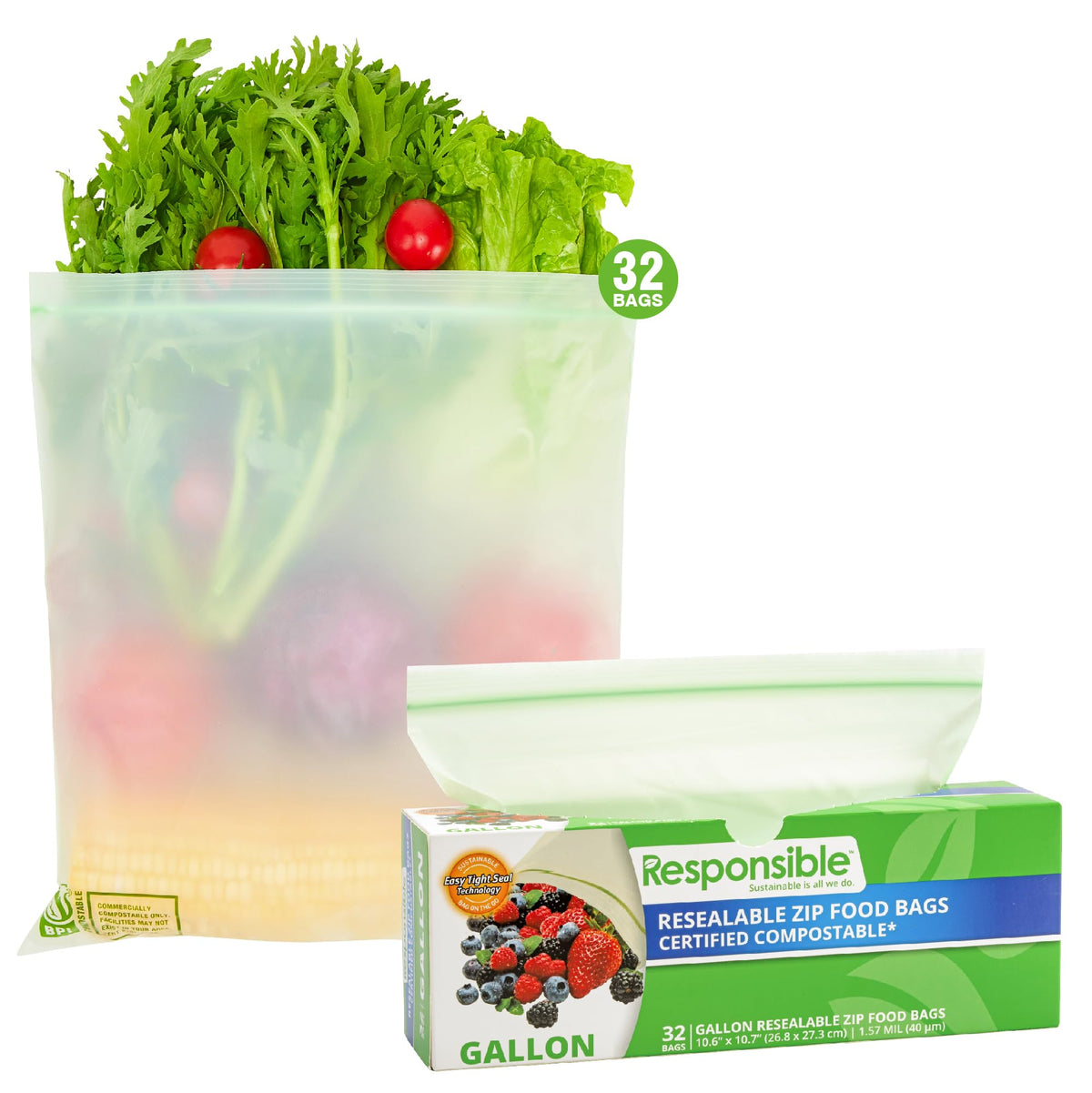 Certified Compostable Large GALLON Resealable Zip Bag (32 Count)