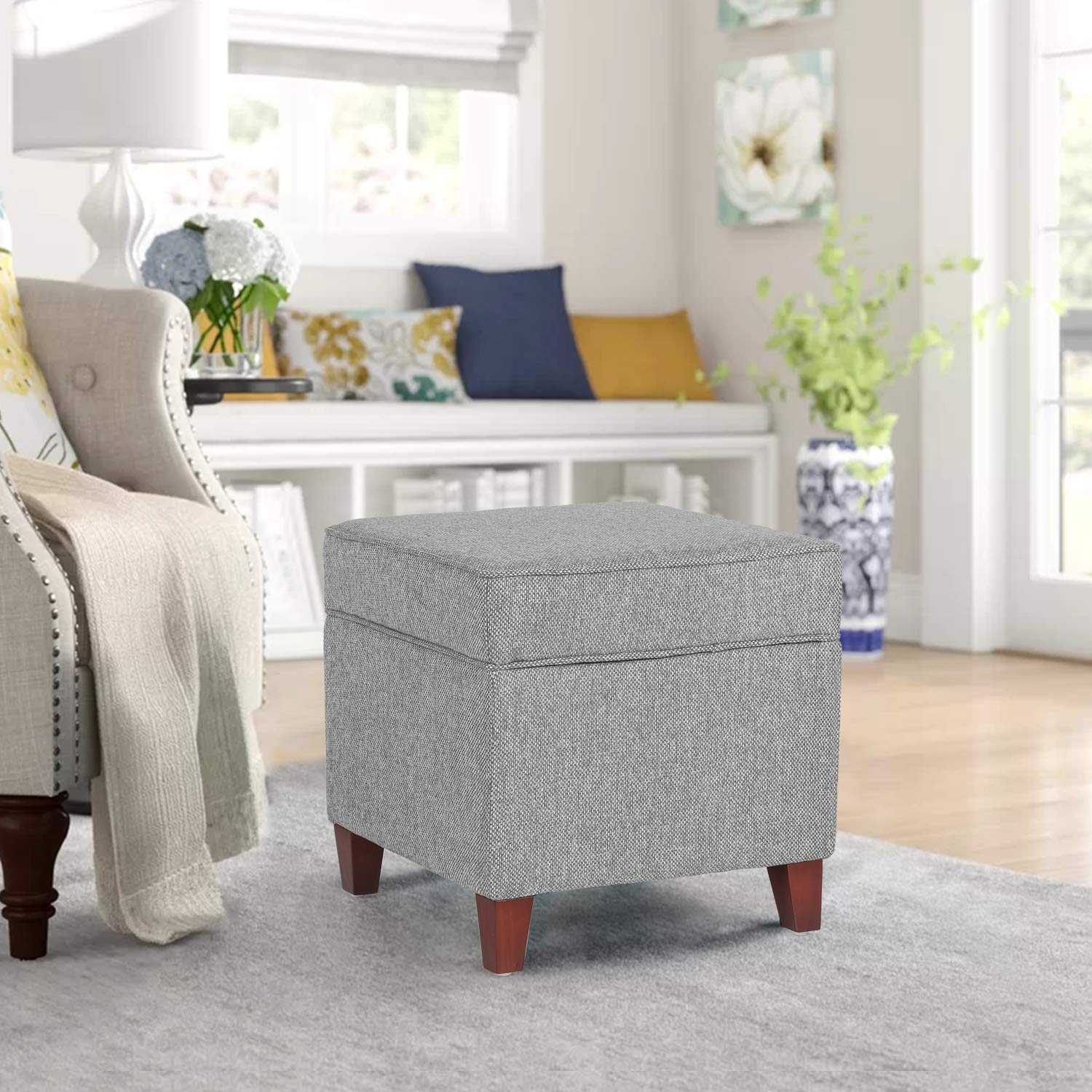 17 Inch Square Linen Storage Ottoman for Living Room & Bedroom