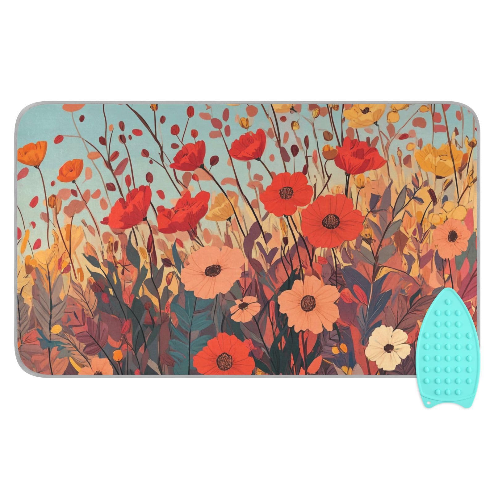 Autumn Poppy Flowers Ironing Mat Portable Ironing Pad Blanket with Silicone Iron Rest for Table Top Travel Heat Resistant Double