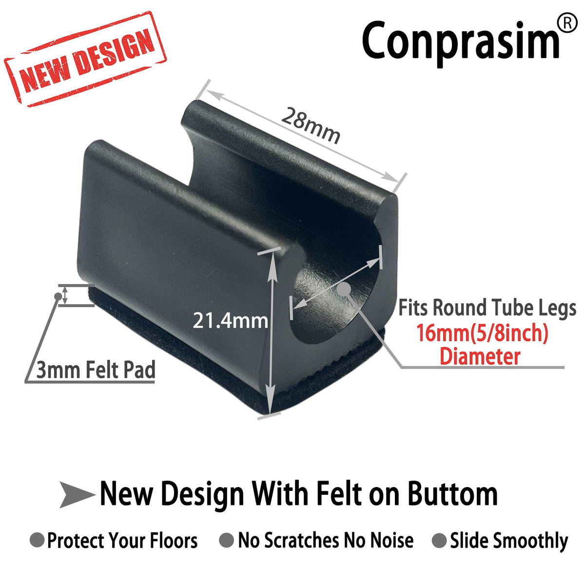 Rectangle U Shaped Sled Chair Leg Tips Cap with Felt Pads (8 Count)