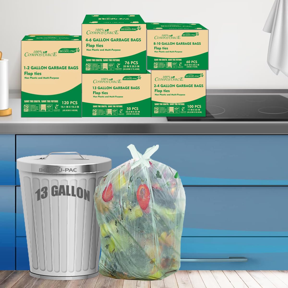 13 Gallon Flap Tie Compostable Trash Bags (50 Count)