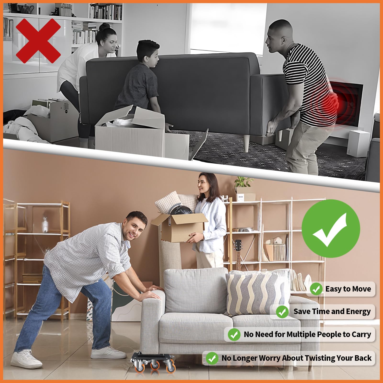 Furniture Dolly 5 Wheels Heavy Duty with Removable Side Guards 3900Lbs Capacity 360°Rotating Wheels Side Brake 5 Rollers Casters Cart Furniture Movers Lifter Tool for Sofas Beds Appliances Safe (4 Count)