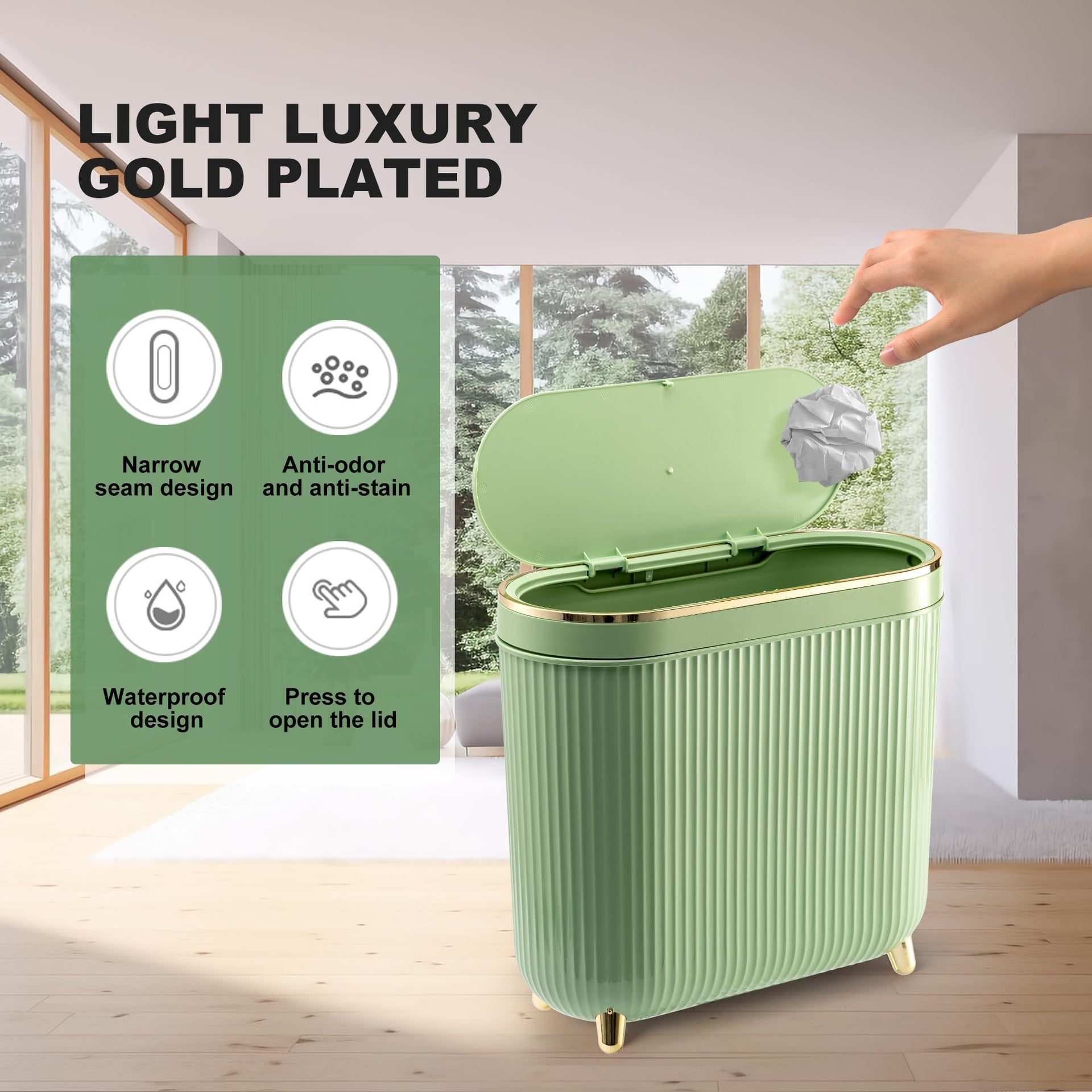 Bathroom Trash Can with Lid 3.2 Gallon Narrow Trash Can Small Plastic Trash Bin 12 Liter with Press Type Lid for Bedroom Bathroom