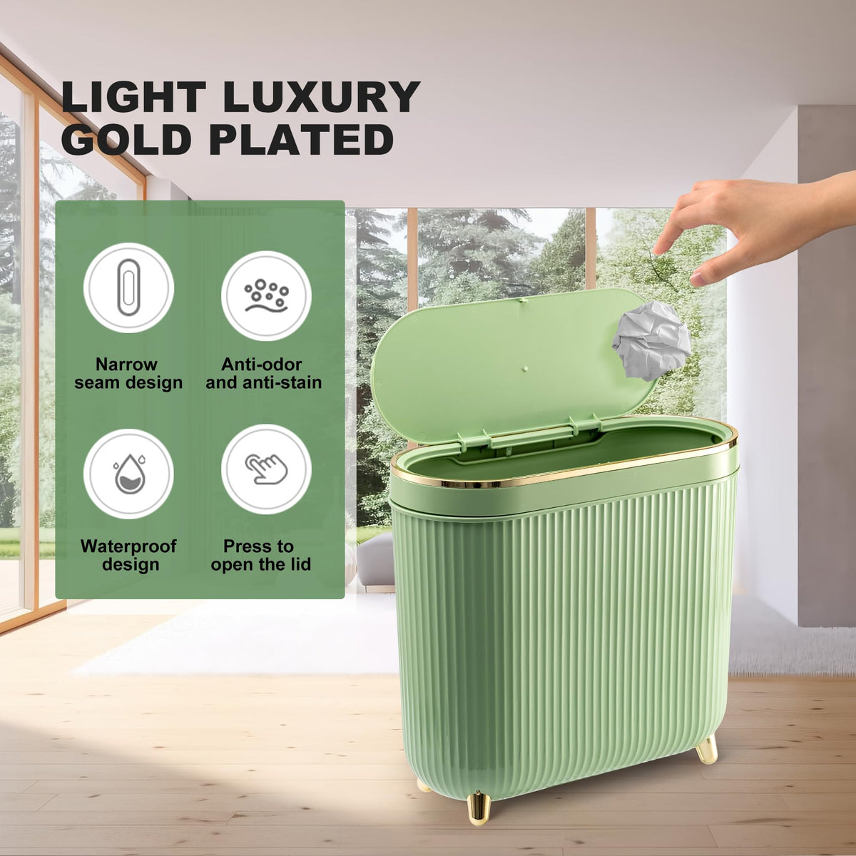 Bathroom Trash Can with Lid 3.2 Gallon Narrow Trash Can Small Plastic Trash Bin 12 Liter with Press Type Lid for Bedroom Bathroom