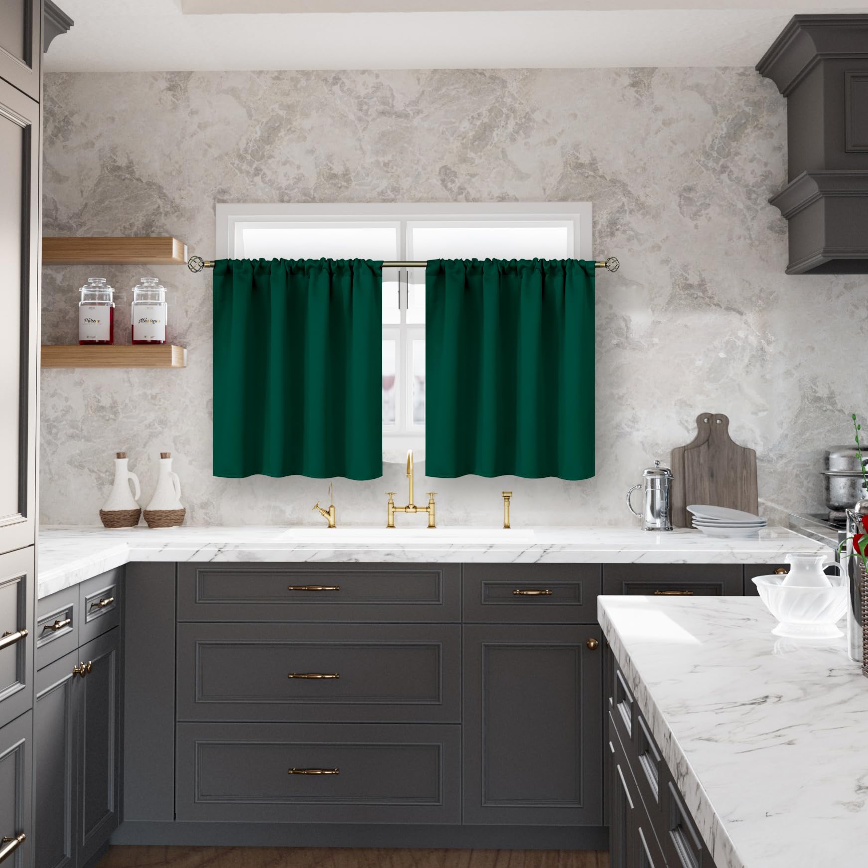Emerald Green Blackout Curtains 36 Inch Length for Kitchen Window (2 Count)
