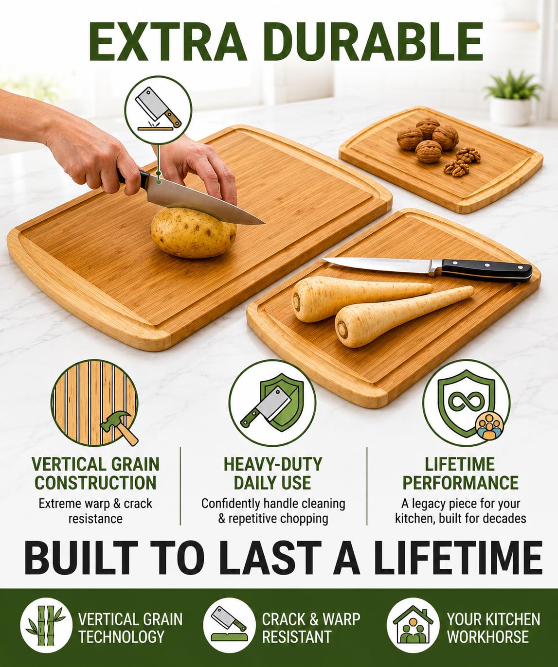 INDESTRUCTIBLE Extra Large Bamboo Cutting Board Set of 3 with Vertical Grain Strength Technology (3 Count)